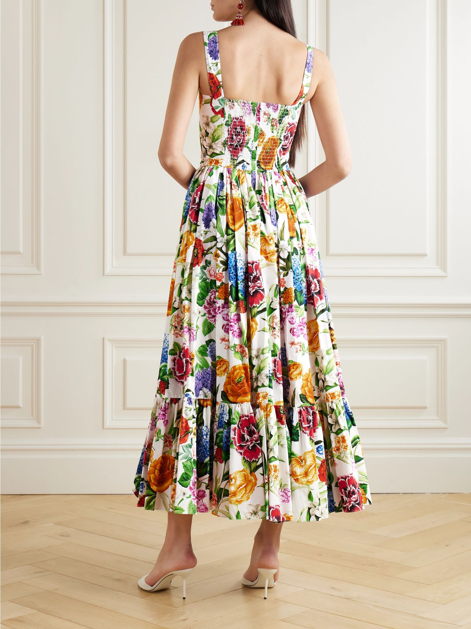 Tiered pleated floral-print cotton-poplin midi dress Multi - 3