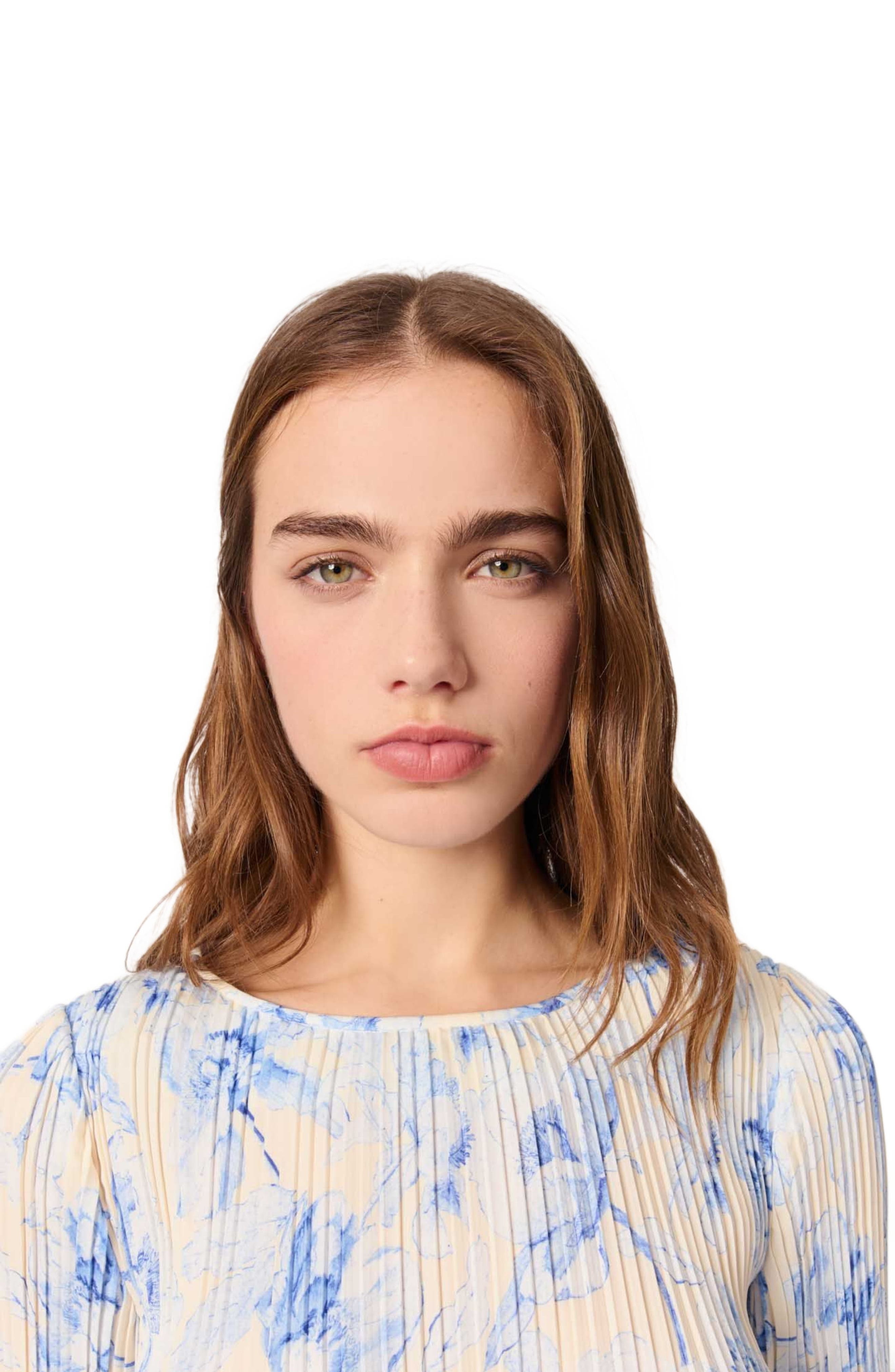 maje Patterned pleated dress in Blue Flower Print Ecru Base at Nordstrom - 5