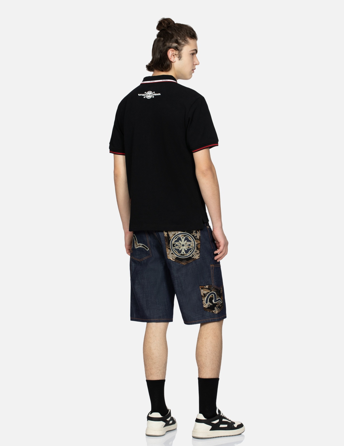 LOGO EMBROIDERY AND BROCADE APPLIQUÉ DENIM SHORTS - 3
