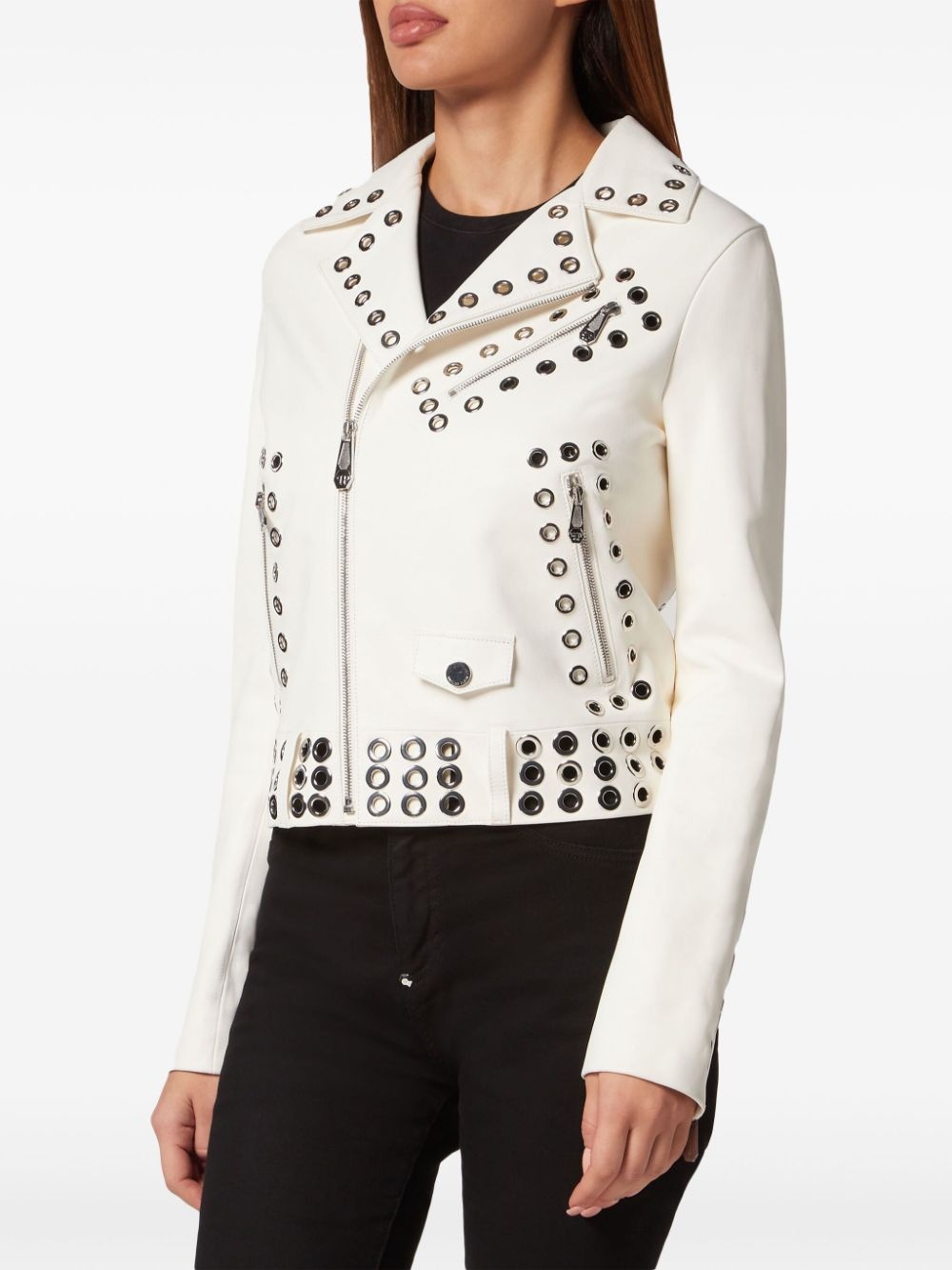 eyelet-embellished leather biker jacket - 2