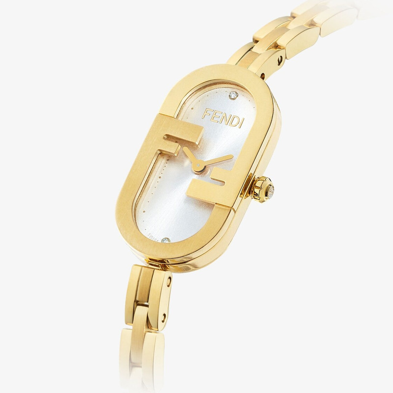 FENDI Shiny gold-colored, satin finish, 14.80 x 28.30 mm stainless steel oval case, with Fendi O’Lock beze outlook