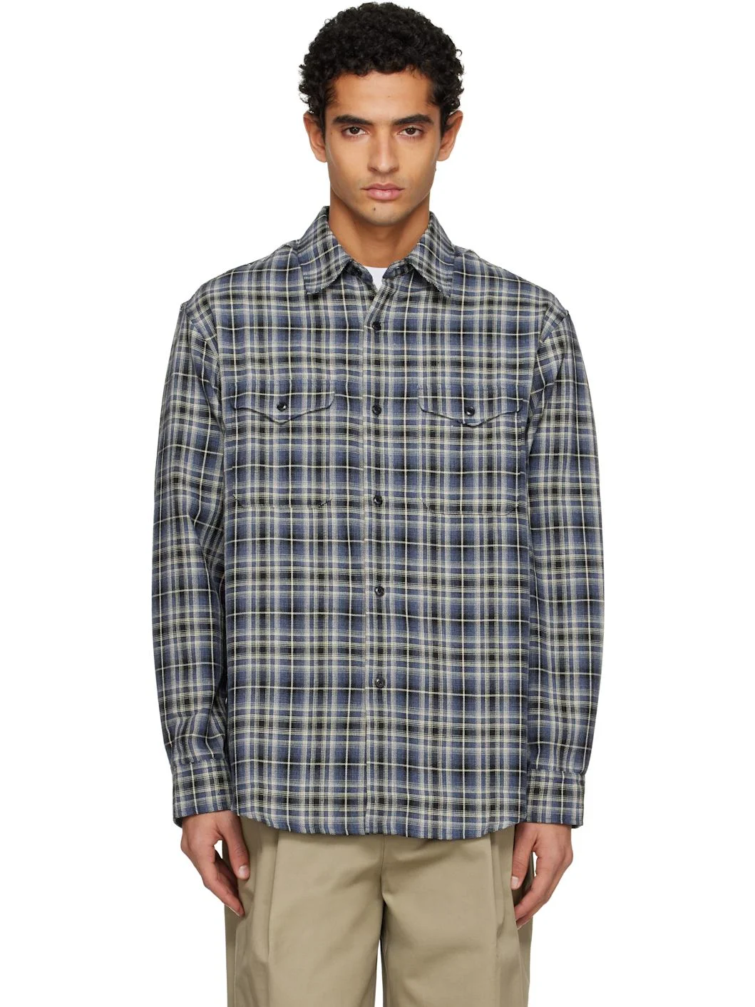 Navy Checked Cotton Double Pocket Shirt - 1