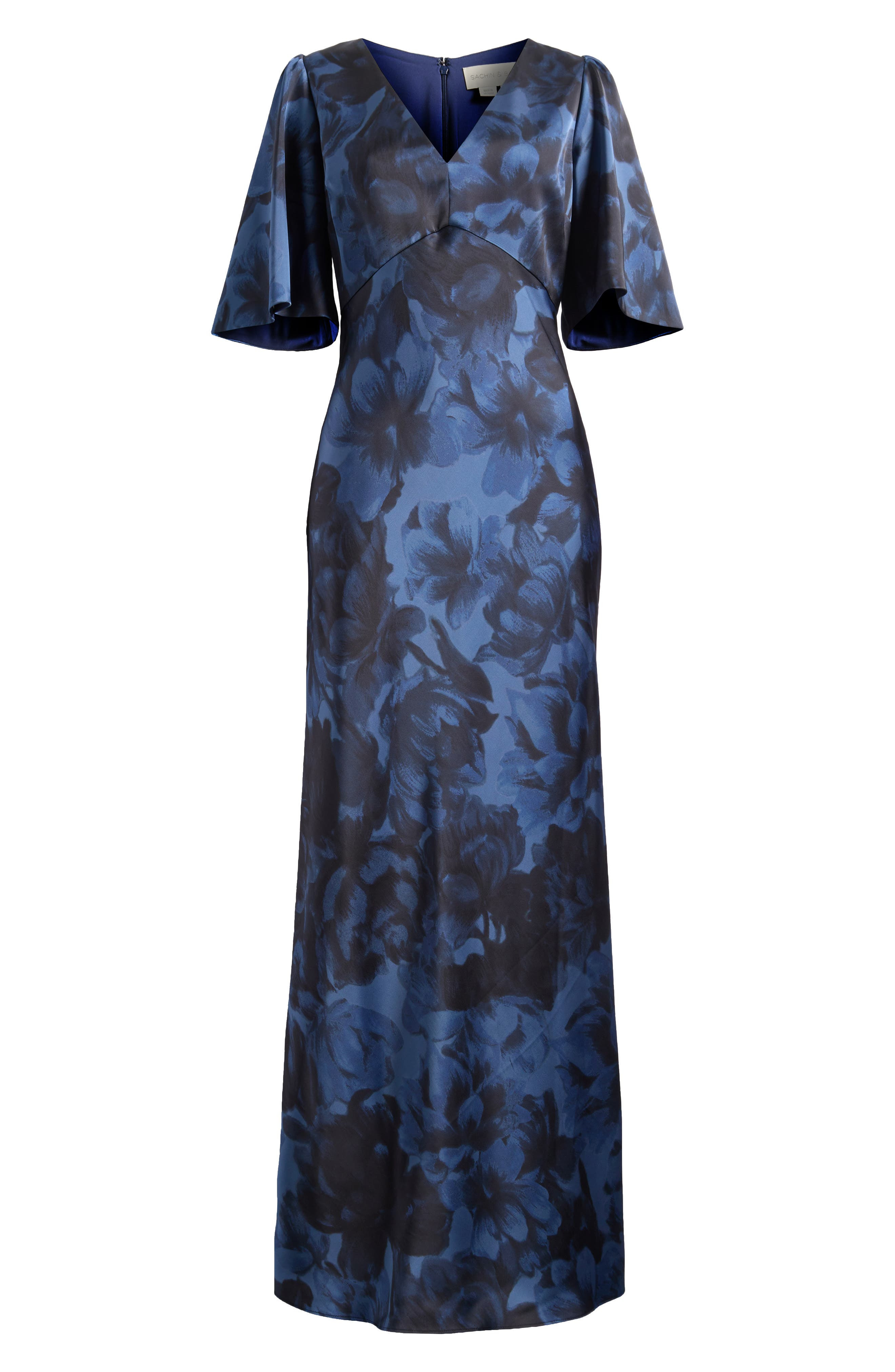 Sachin & Babi Mae Floral Print Satin Crepe Trumpet Gown in Deep Ocean Bouquet at Nordstrom - 6