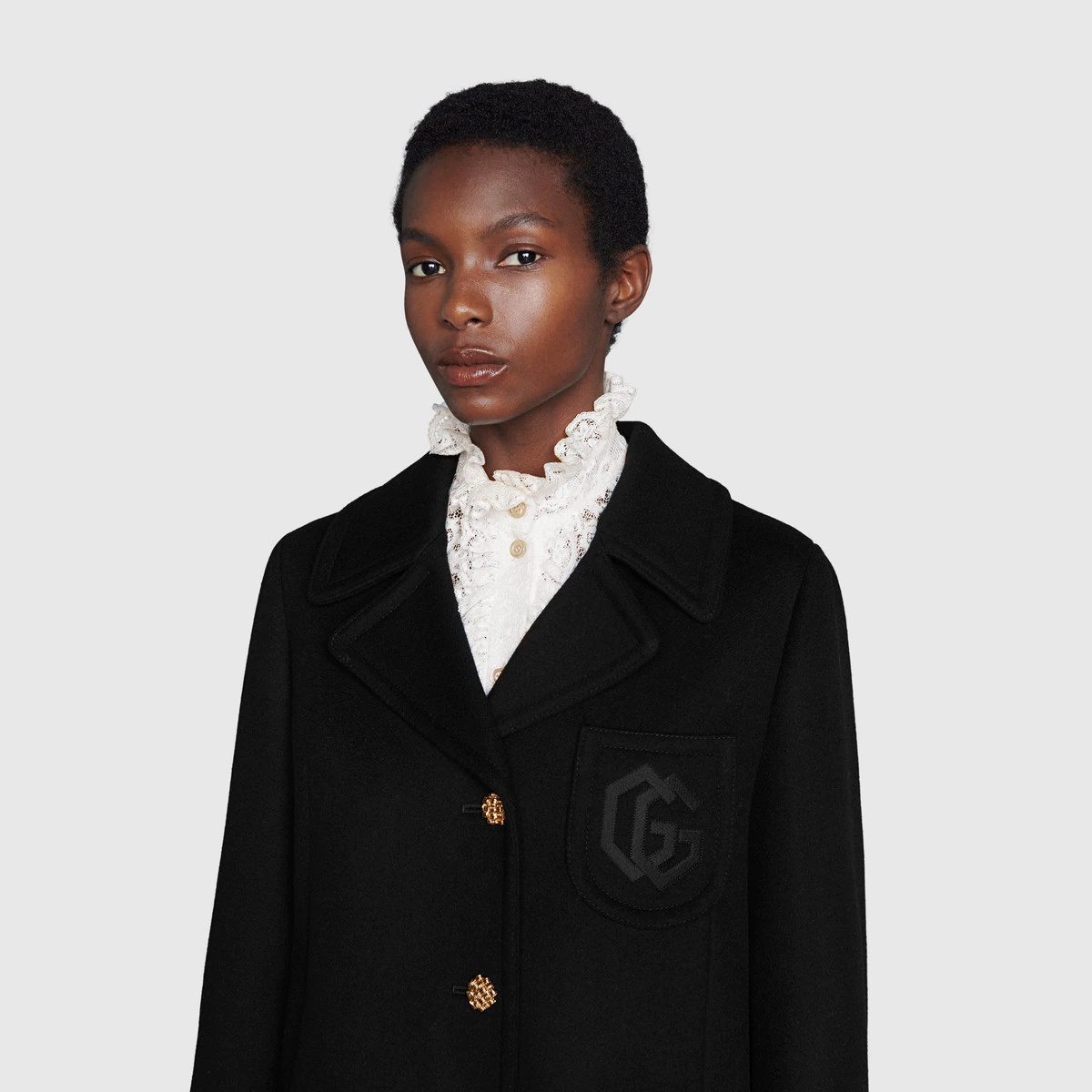 Double G embroidered wool coat