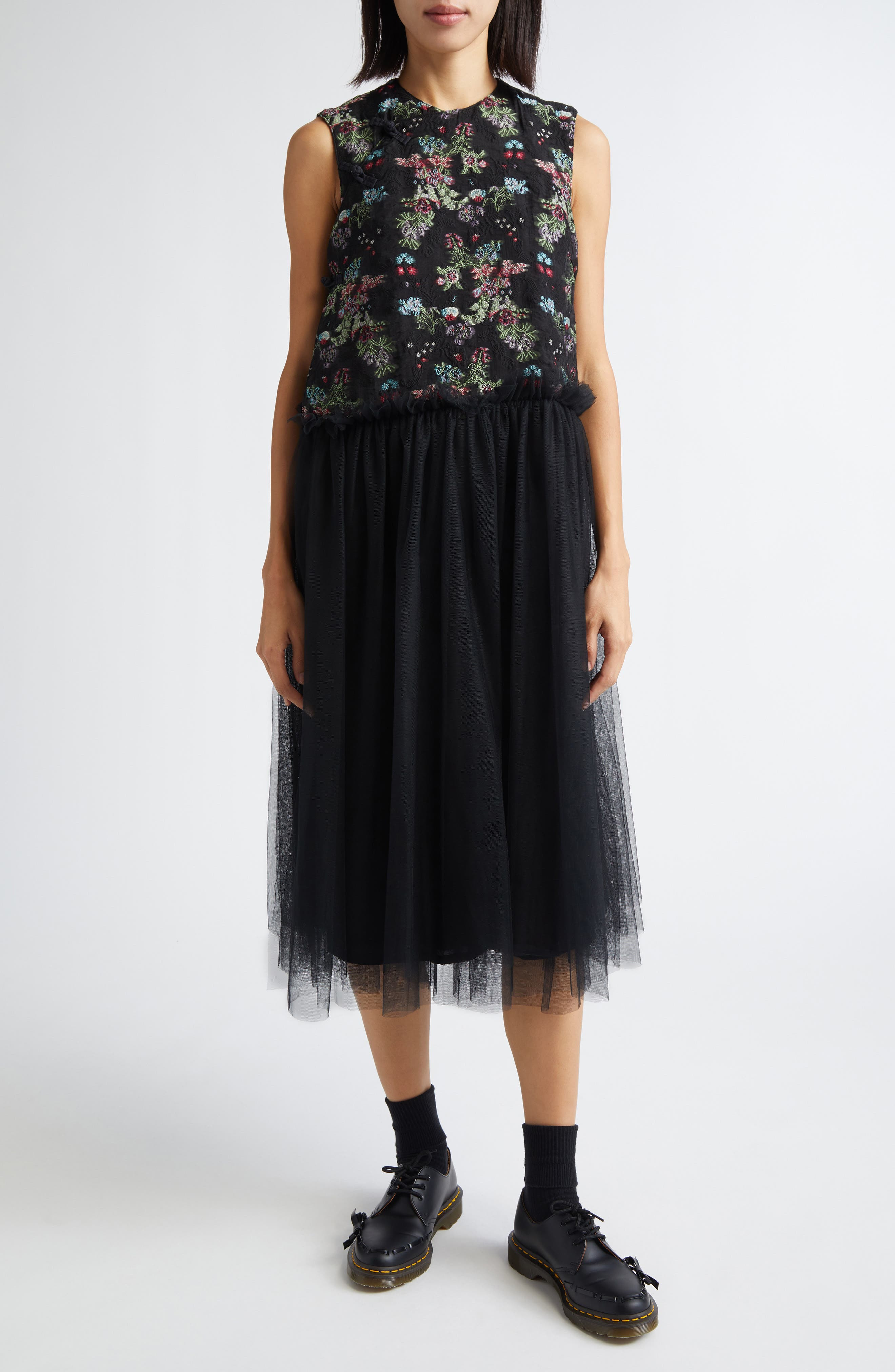 Noir Kei Ninomiya Floral Jacquard & Tulle Midi Dress in Black X Multi at Nordstrom - 1