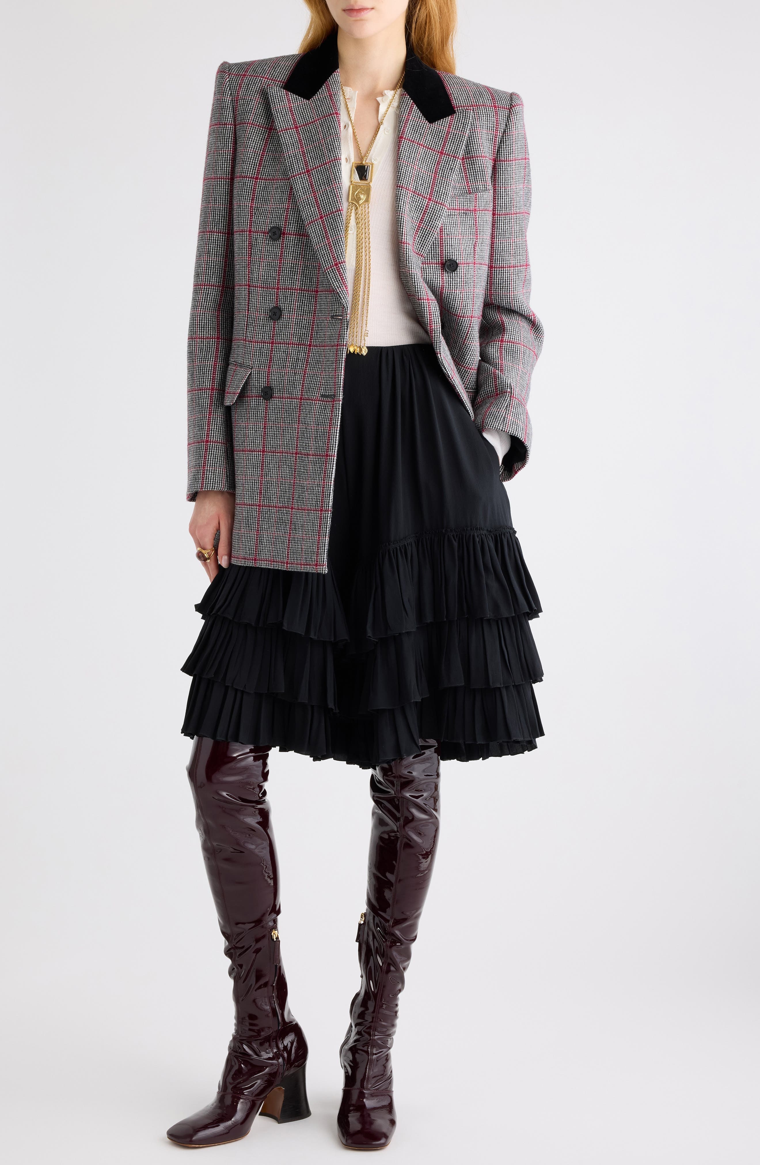 Chloé Double Breasted Plaid Virgin Wool Blazer in Black/White at Nordstrom - 2