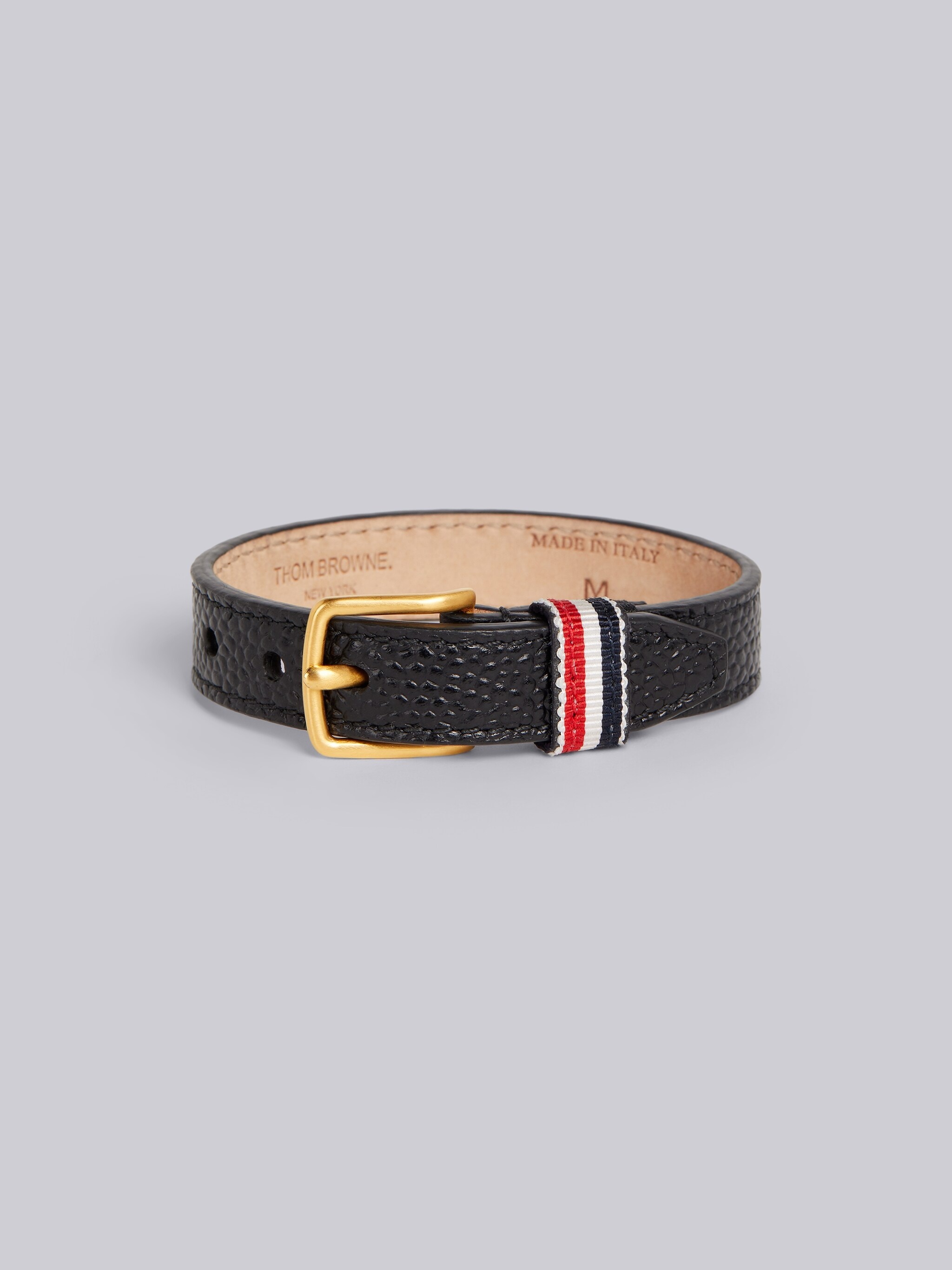 Black Pebble Grain Leather Stripe Keeper Bracelet - 1