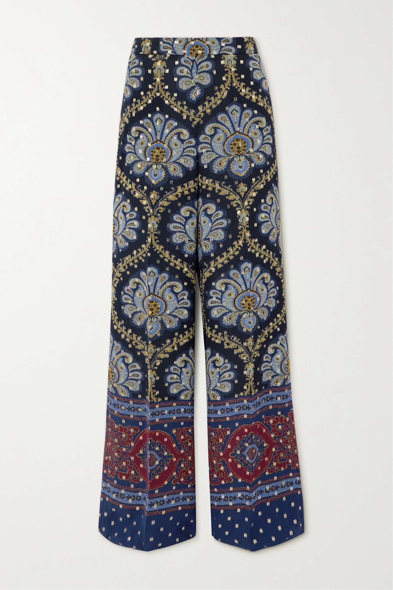 Paisley-print metallic fil coupé silk-blend wide-leg pants - 1