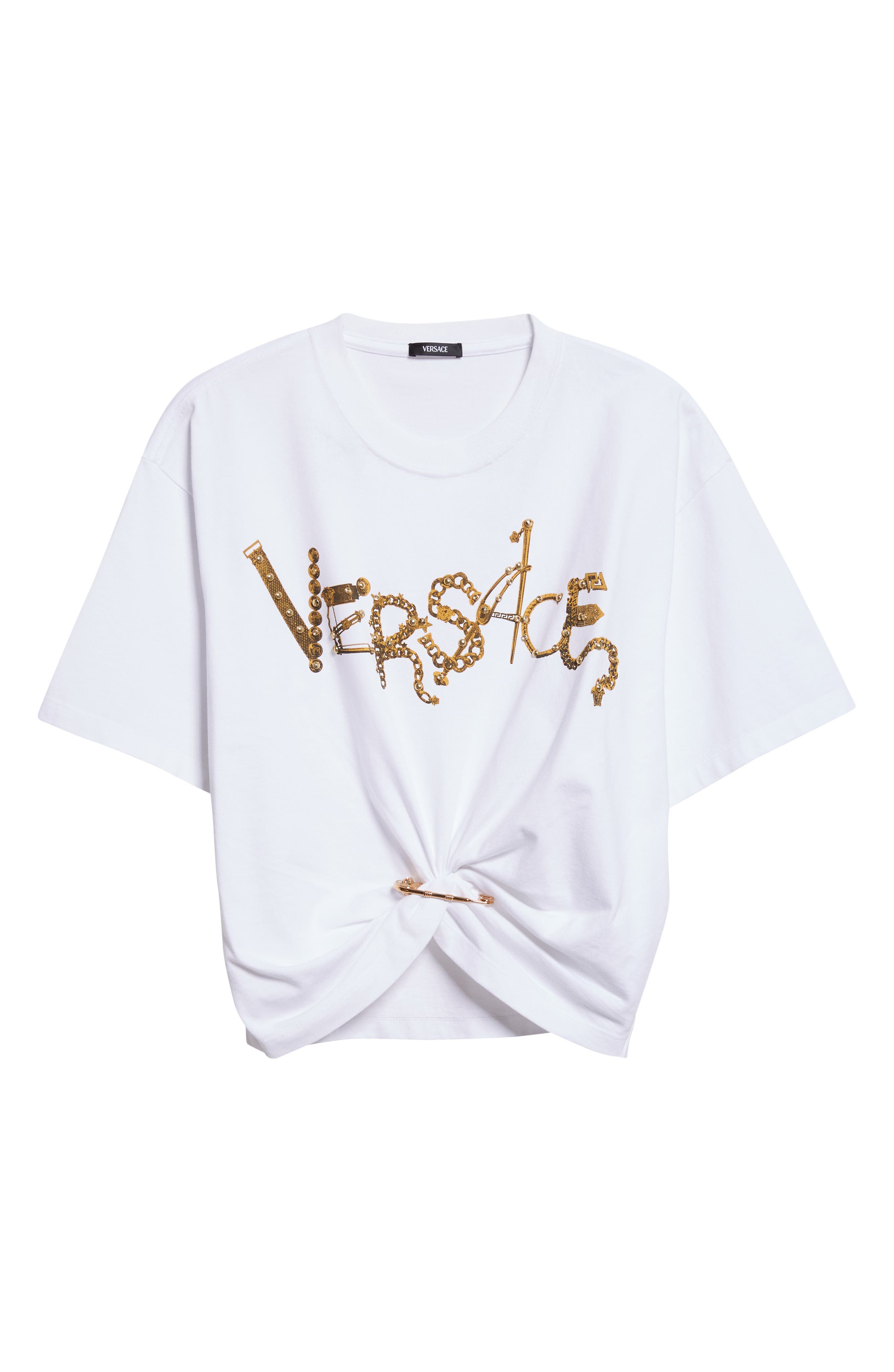 Versace Studded Chain Logo Safety Pin Graphic T-Shirt in Optical White at Nordstrom - 6