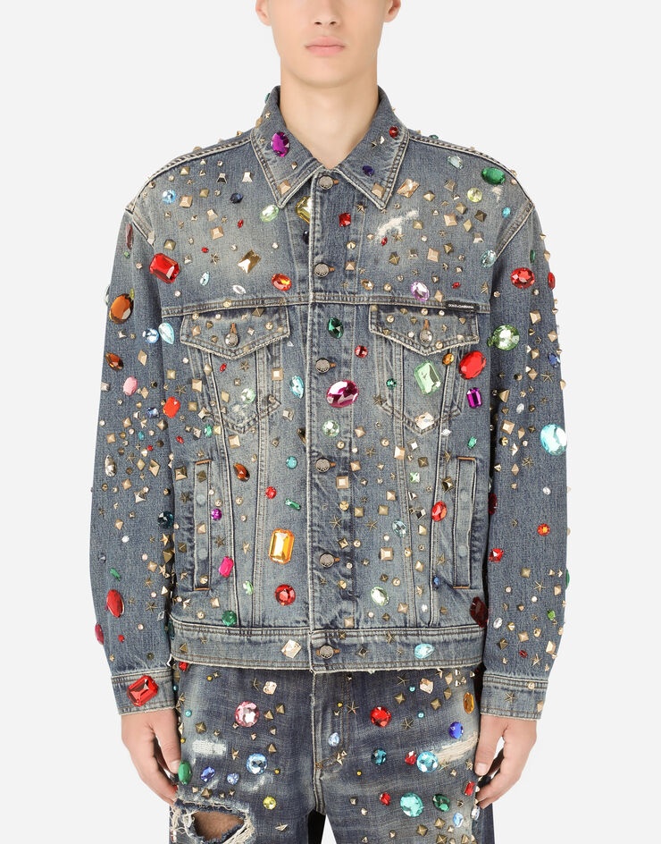 Oversize denim jacket with crystal and stud embellishment - 1