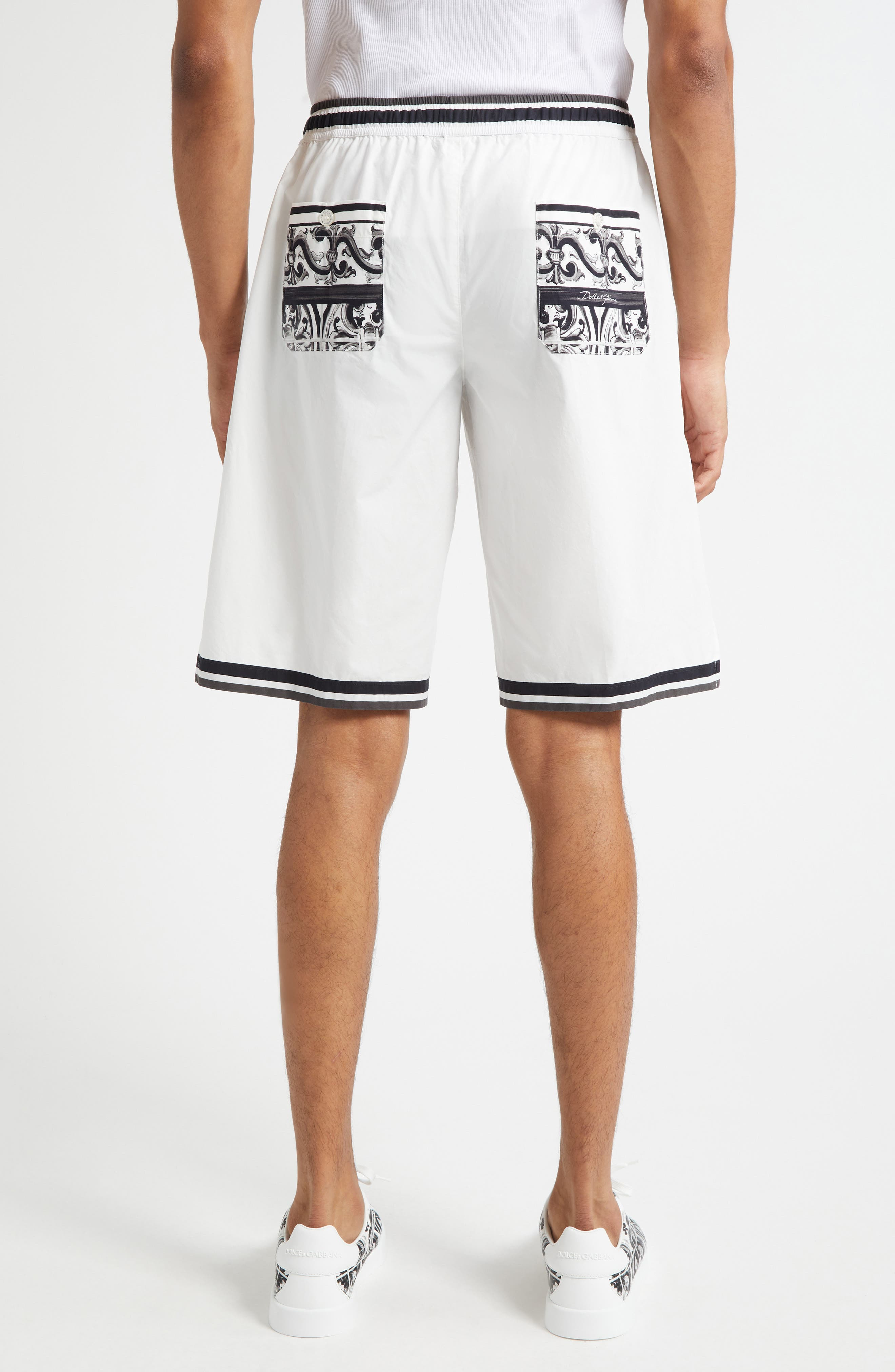 Dolce&Gabbana Majolica Print Cotton Poplin Drawstring Shorts in Hx5Dq Maiolica 3L Nero at Nordstrom - 3