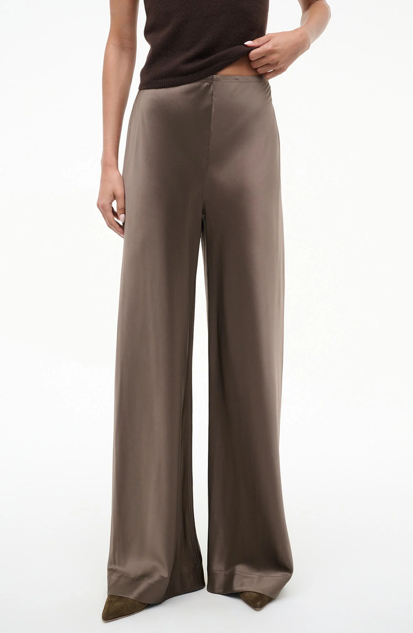 STAUD Stroll Wide Leg Stretch Silk Pants in Truffle at Nordstrom - 1
