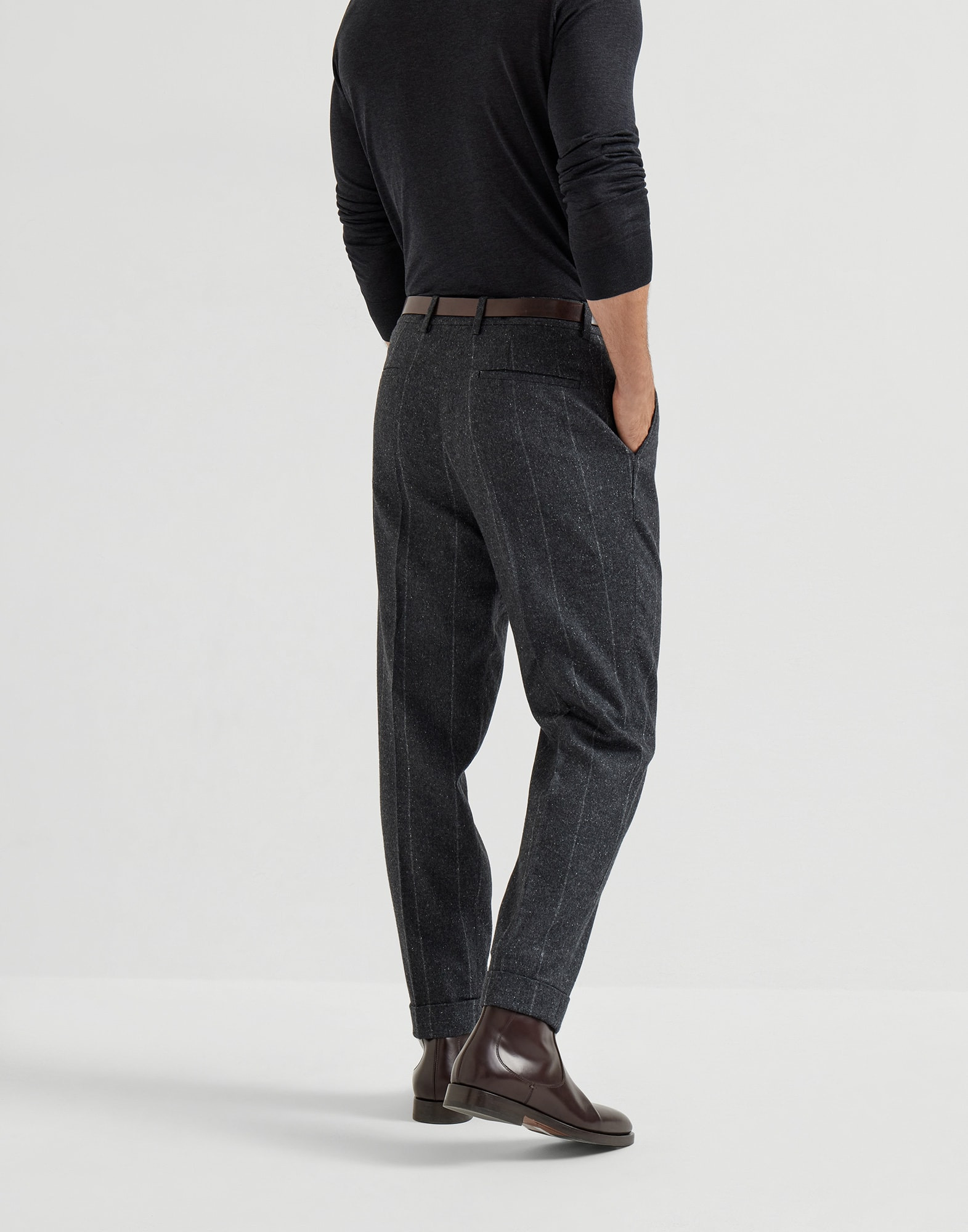 Silk, wool and cashmere flecked chalk stripe flannel leisure fit trousers with double pleats - 2