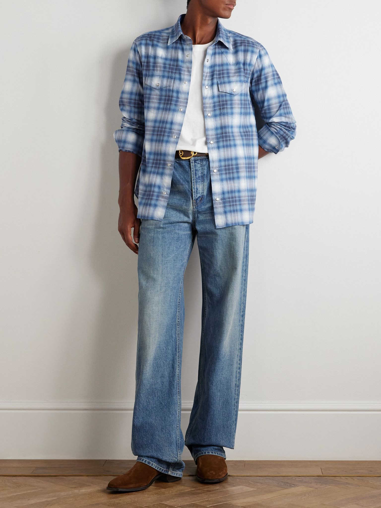 Slim-Fit Checked Cotton-Poplin Shirt Blue - 2