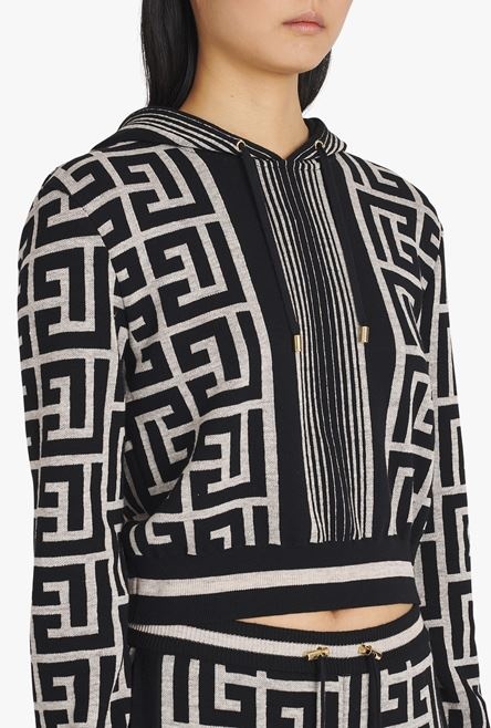 Cropped ivory and black wool sweatshirt with Balmain monogram - 8