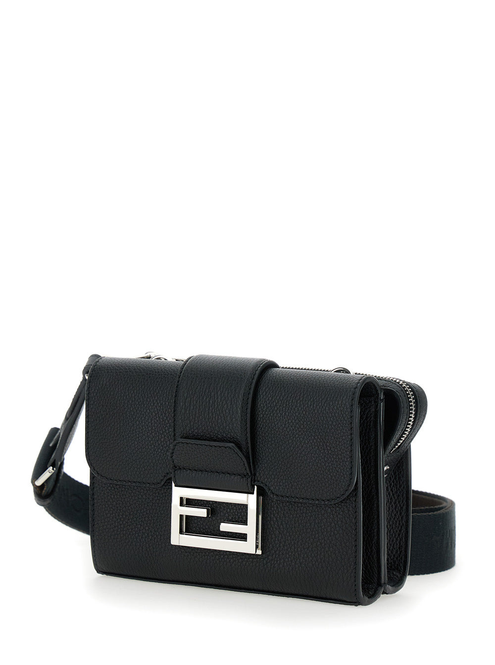 Fendi Men 'Baguette Double' Black Crossbody Bag With Ff Plaque On The Front In Hammered Leather Woma - 2