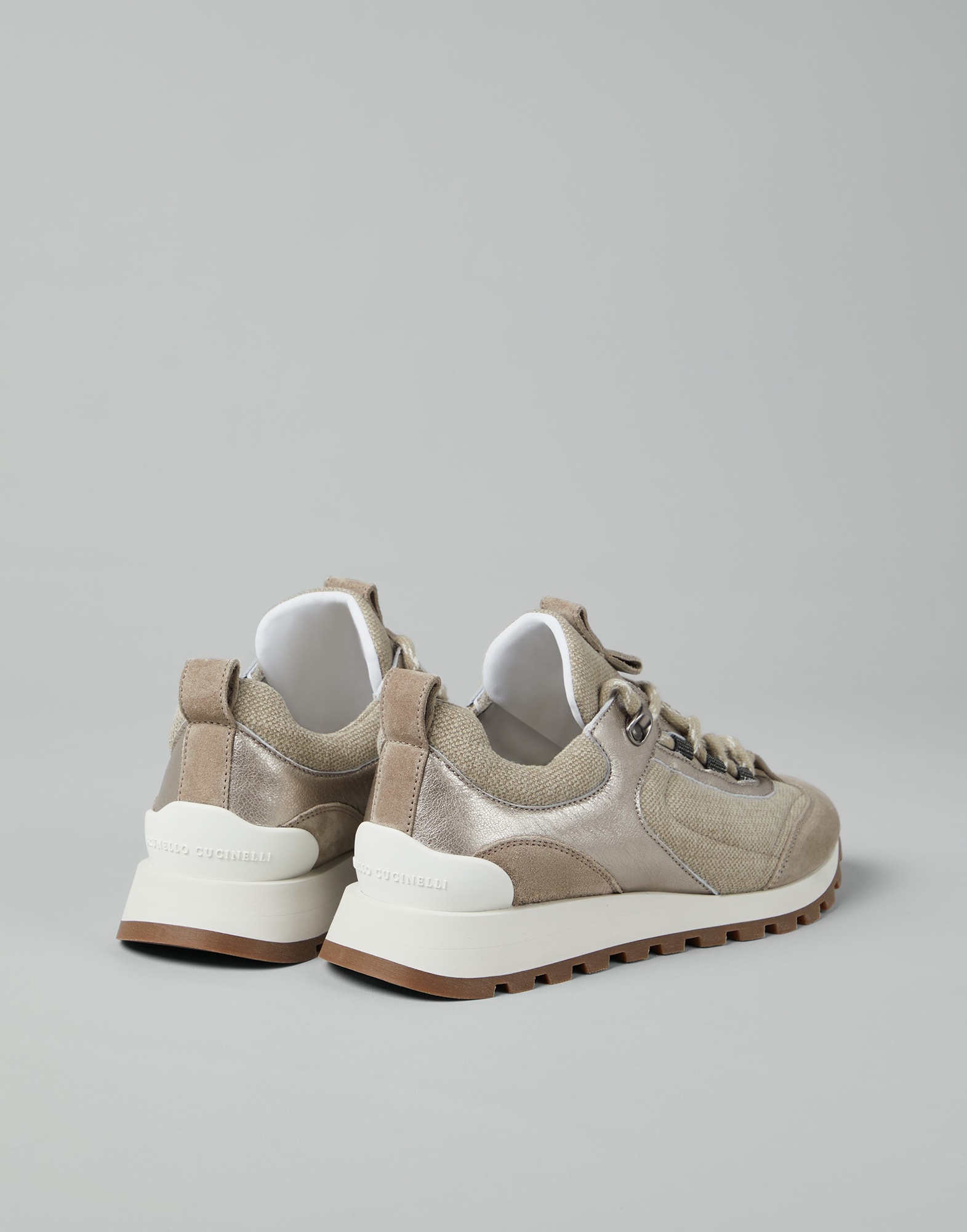 Suede and cotton and linen canvas runners with precious eyelets - 2