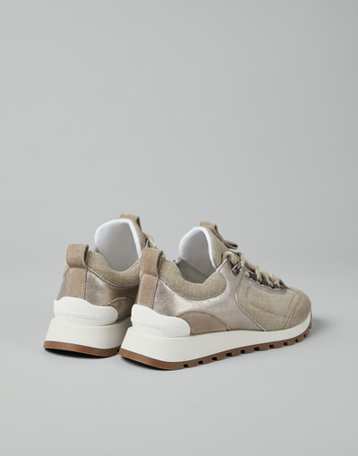 Brunello Cucinelli Suede and cotton and linen canvas runners with precious eyelets outlook
