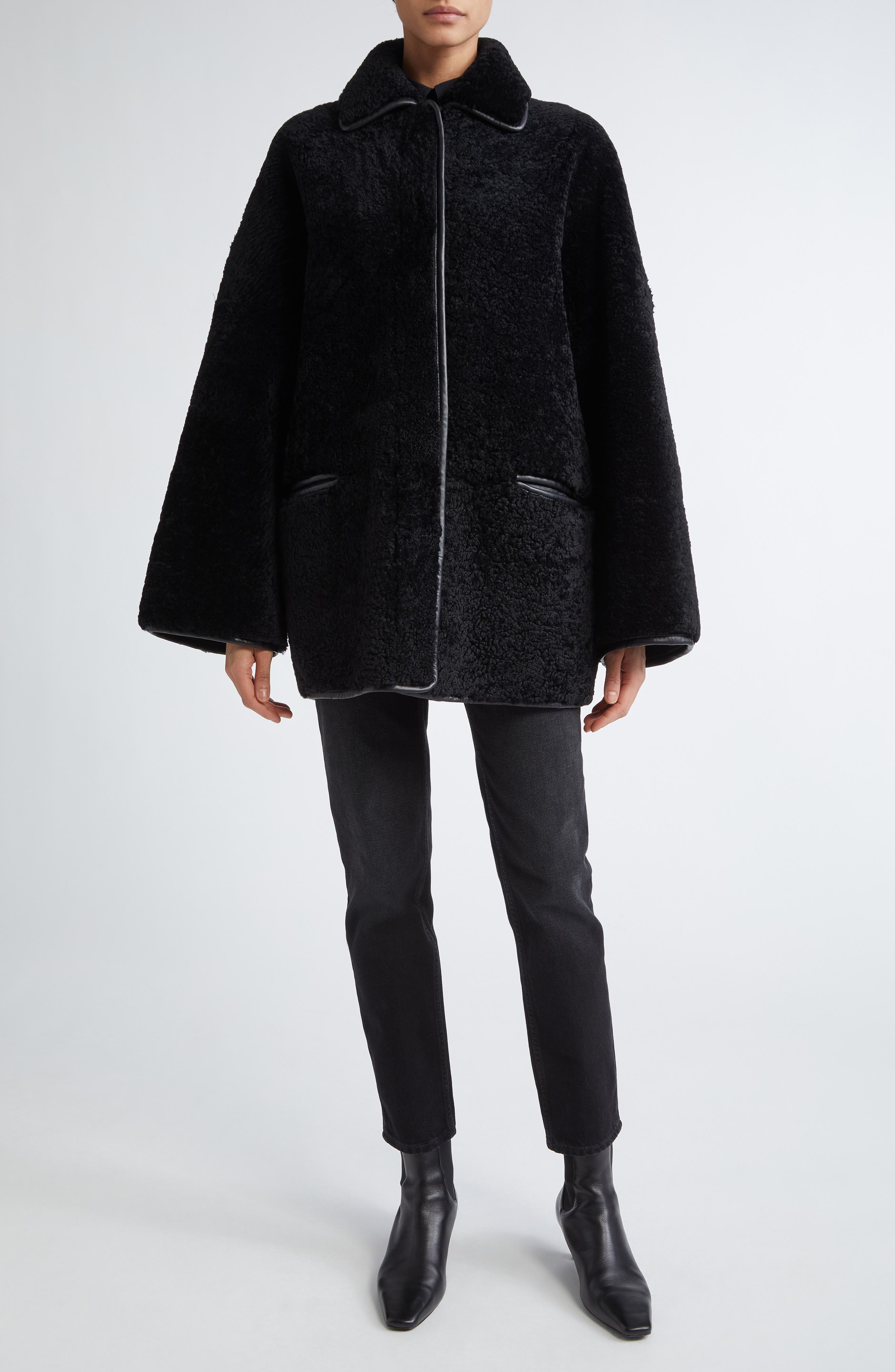 TOTEME Genuine Teddy Shearling Overshirt Jacket in Black at Nordstrom - 2