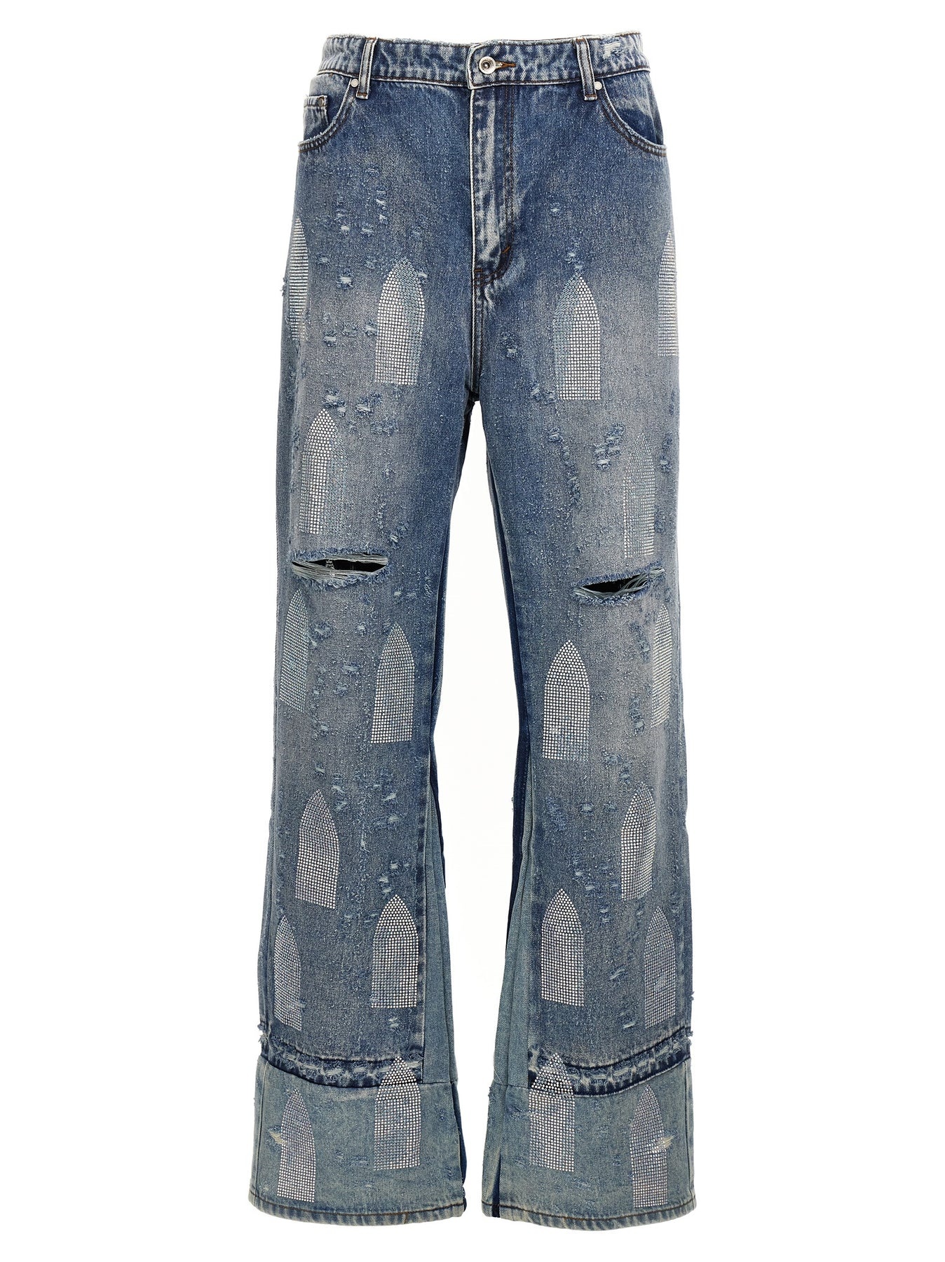 Rhinestone Washed Denim Jeans Light Blue - 1