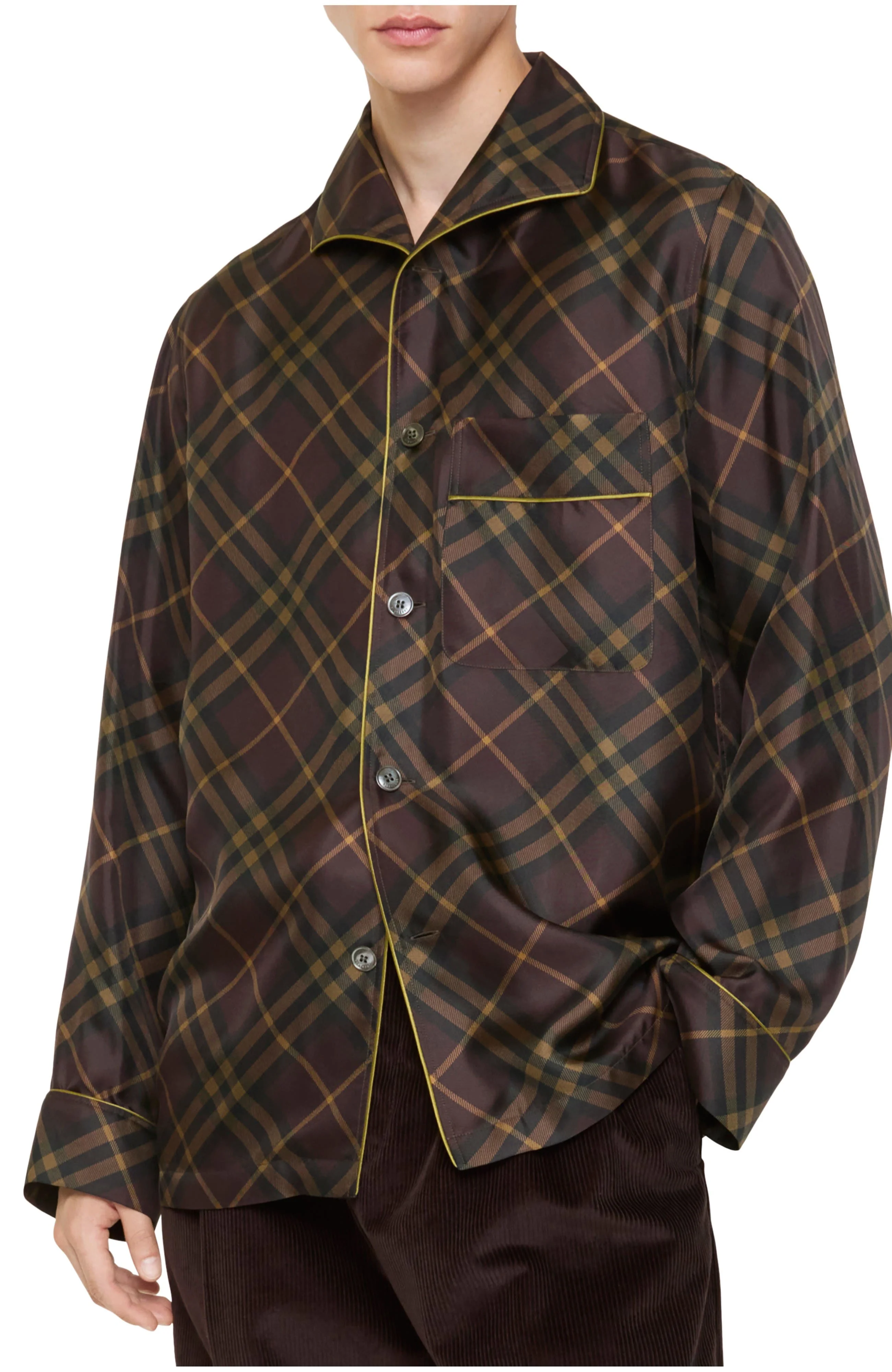 burberry Check Silk Pyjama Shirt in Truffle Brown at Nordstrom - 1