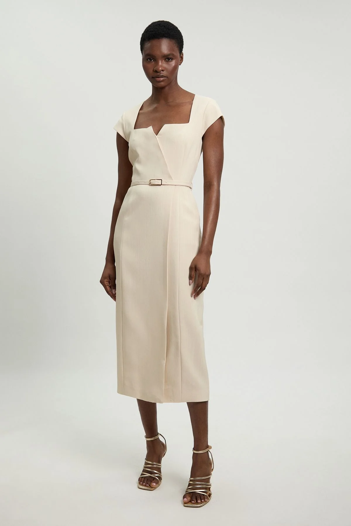 Viscose Blend Belted Square Neck Tailored Pencil Dress - 1