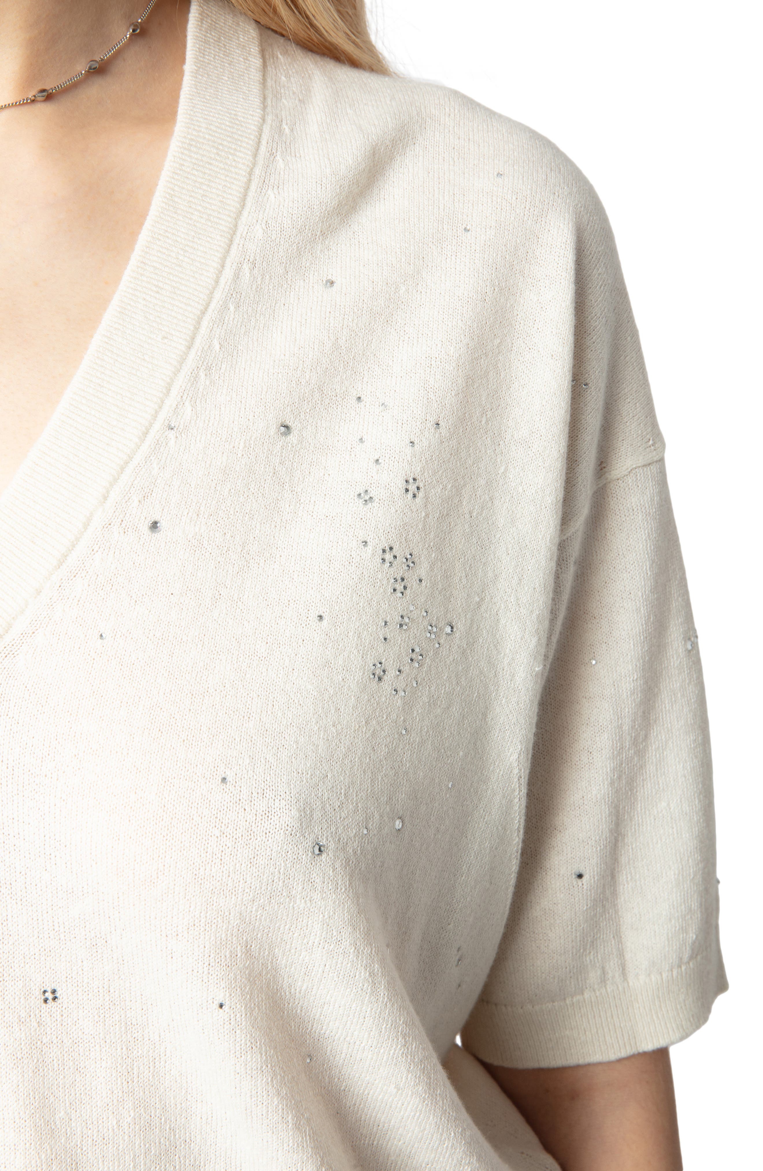 Zadig & Voltaire Wully Lico Embellished Linen Blend V-Neck Sweater in Ecru at Nordstrom - 4