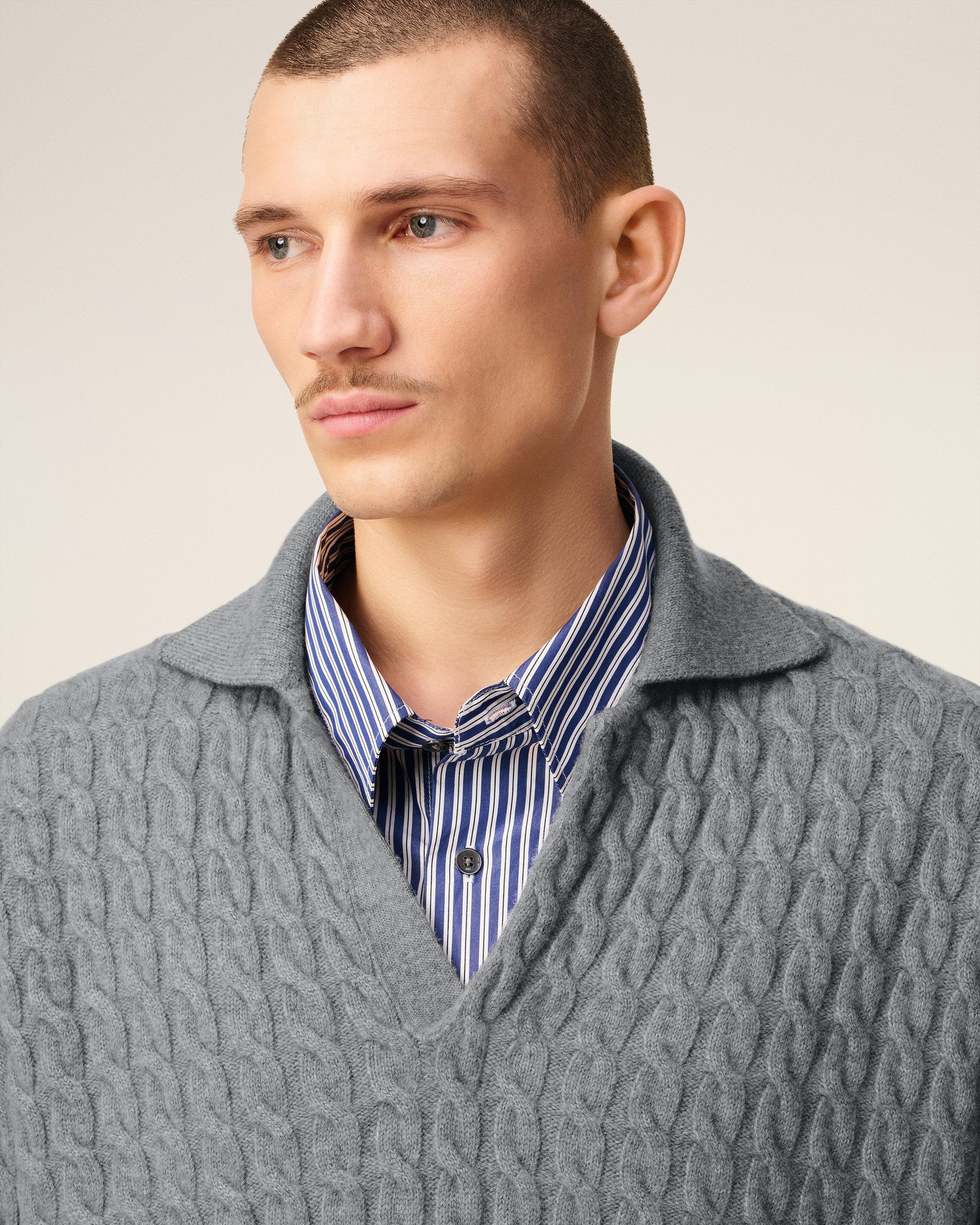 GREY WOOL CABLES KNIT POLO - 4