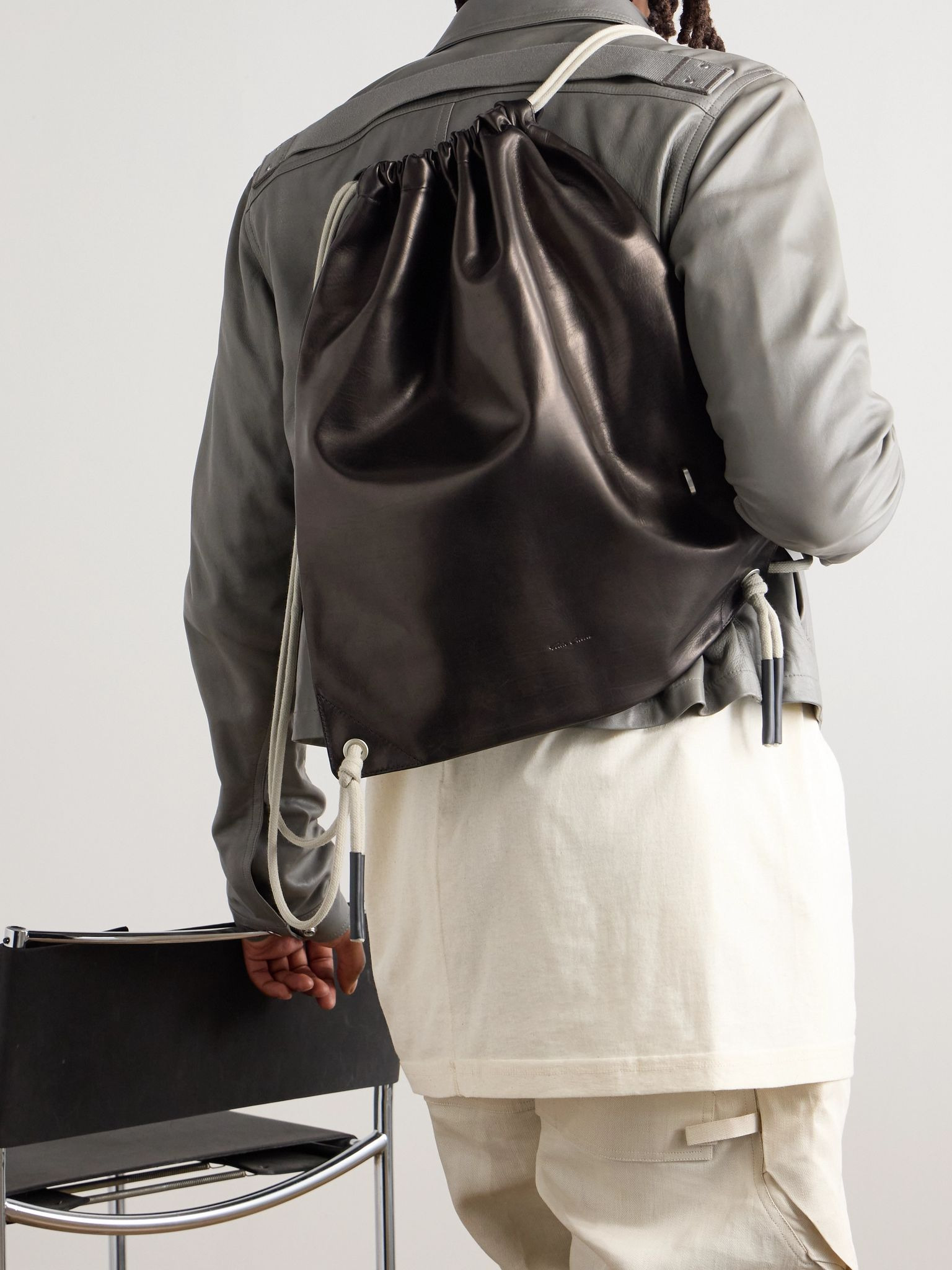 Embellished Leather Drawstring Backpack Brown - 2