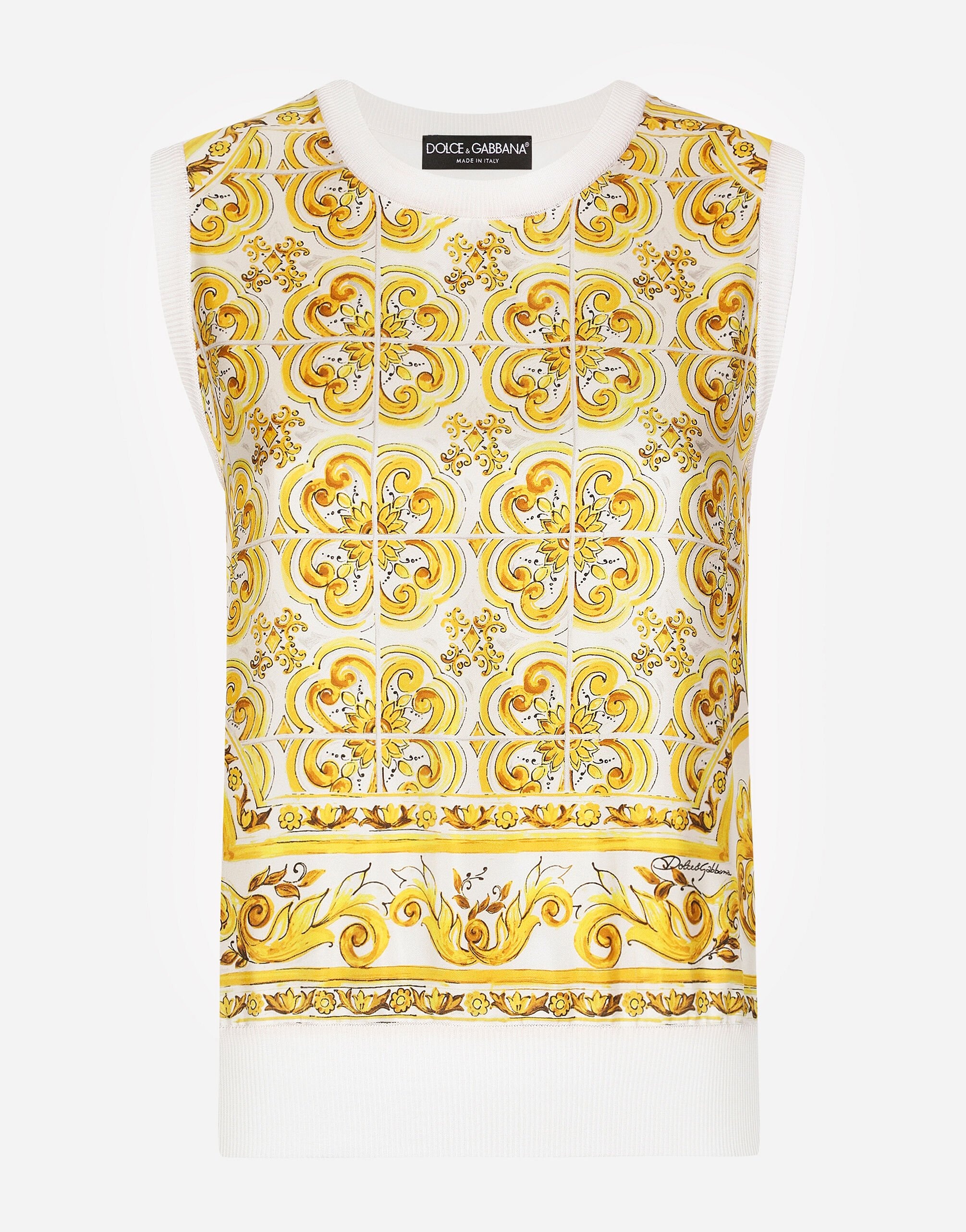Sleeveless silk sweater with majolica-print silk twill panel on the front - 1