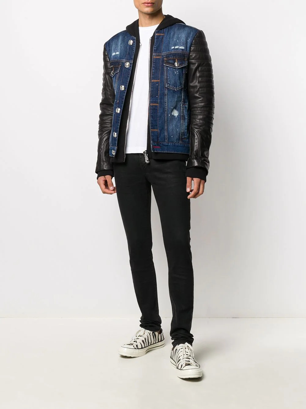 leather panel denim jacket - 2