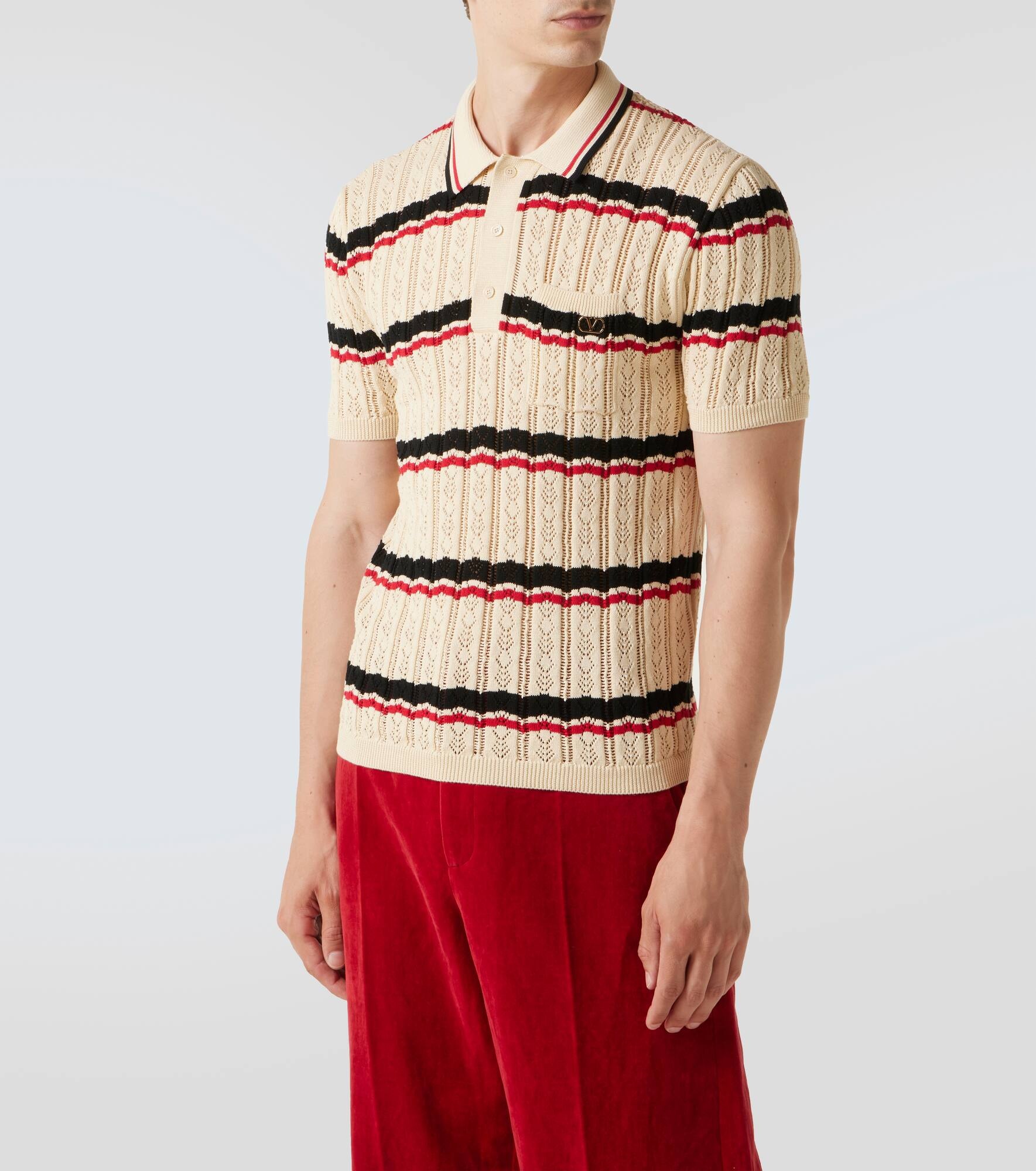 VLogo pointelle striped cotton polo shirt - 3