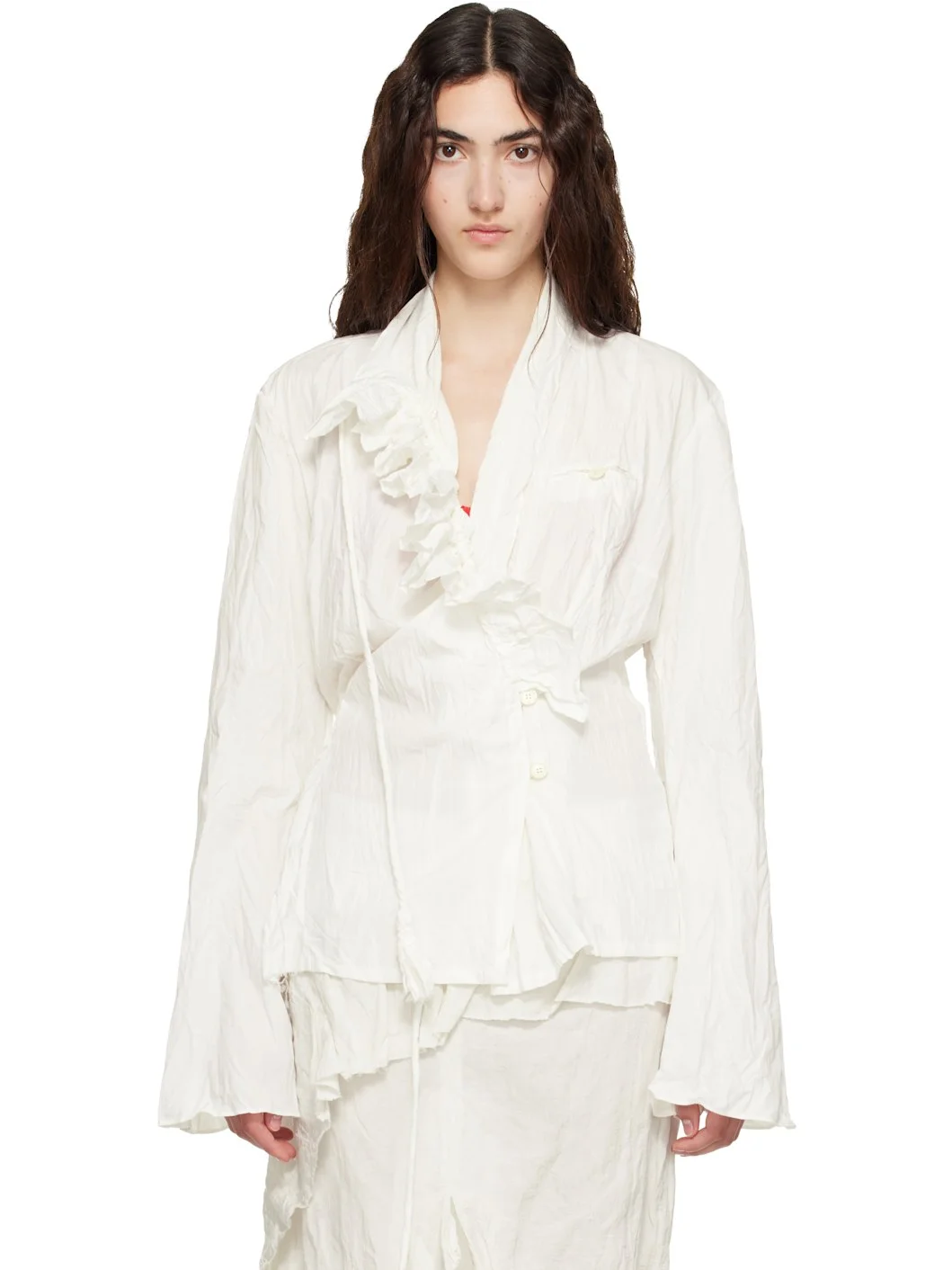 White Unbalanced Ruffle Blouse - 1