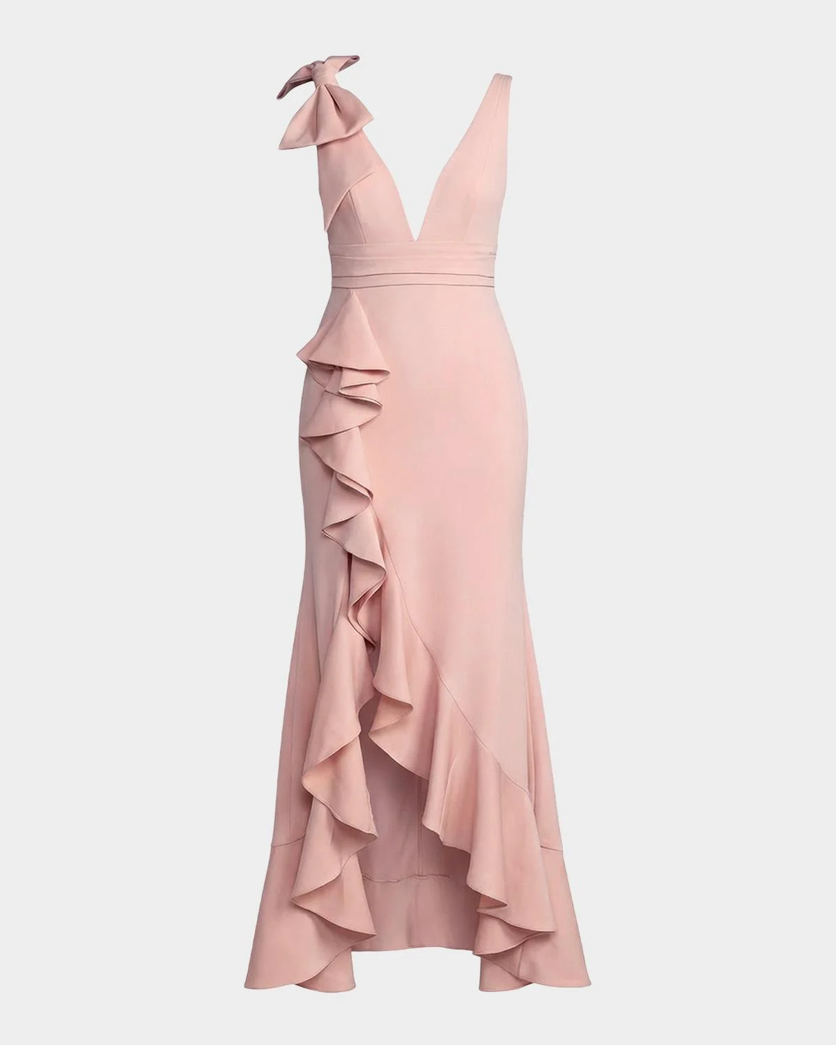 Plunging High-Low Ruffle Crepe Gown - 1
