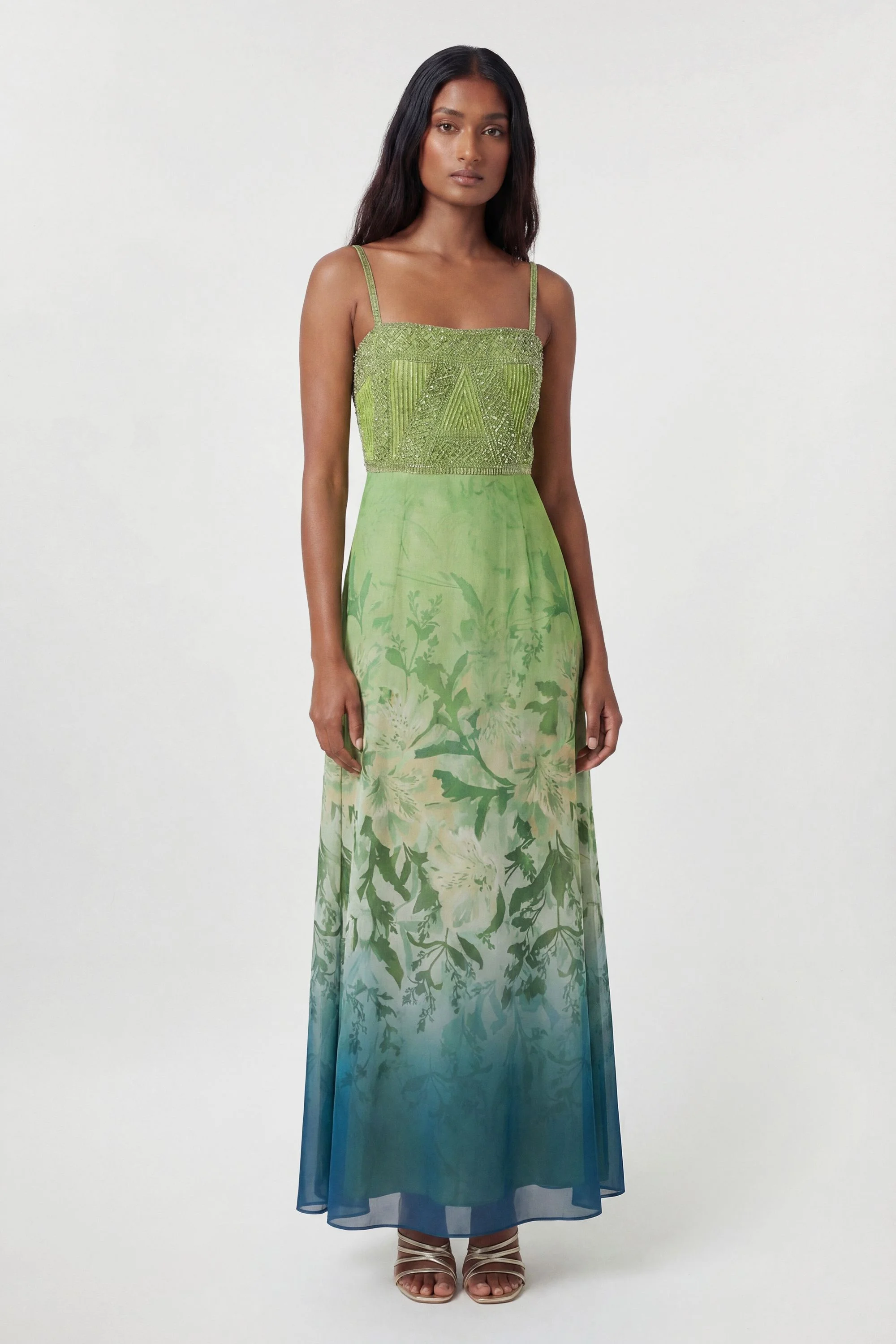 Petite Embellished Ombre Floral Pleated Woven Bandeau Maxi Dress - 1