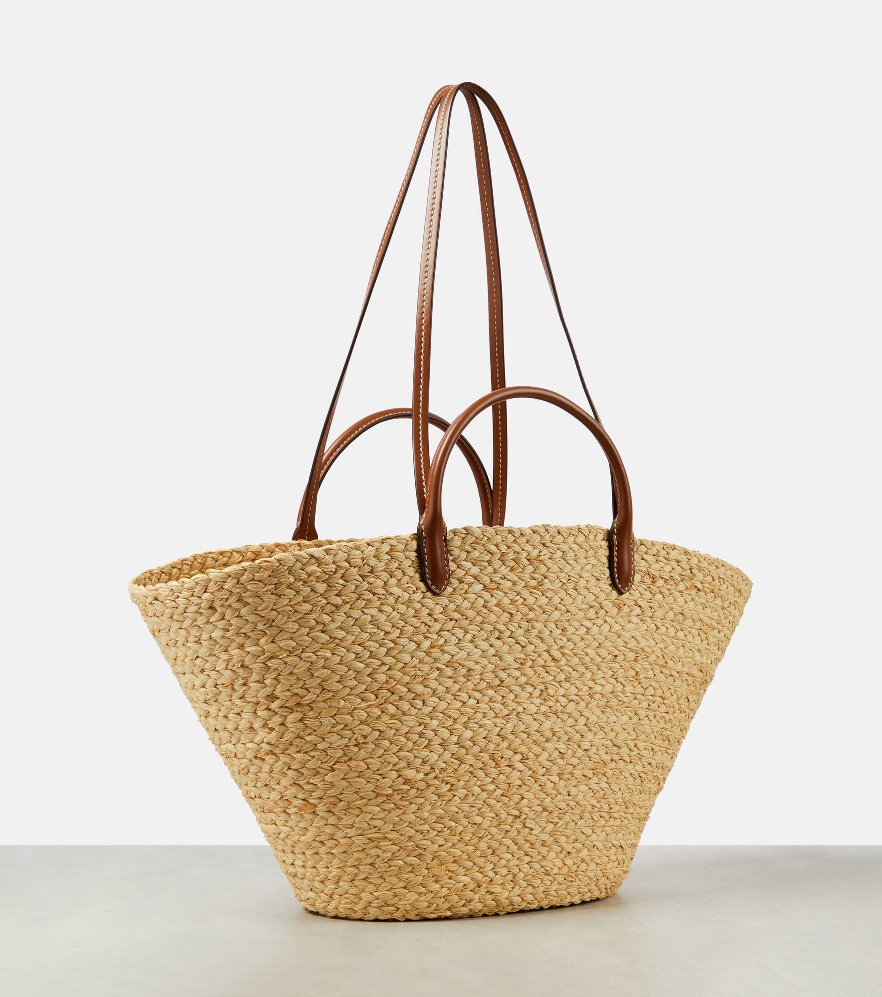 Logo leather-trimmed raffia basket bag - 4