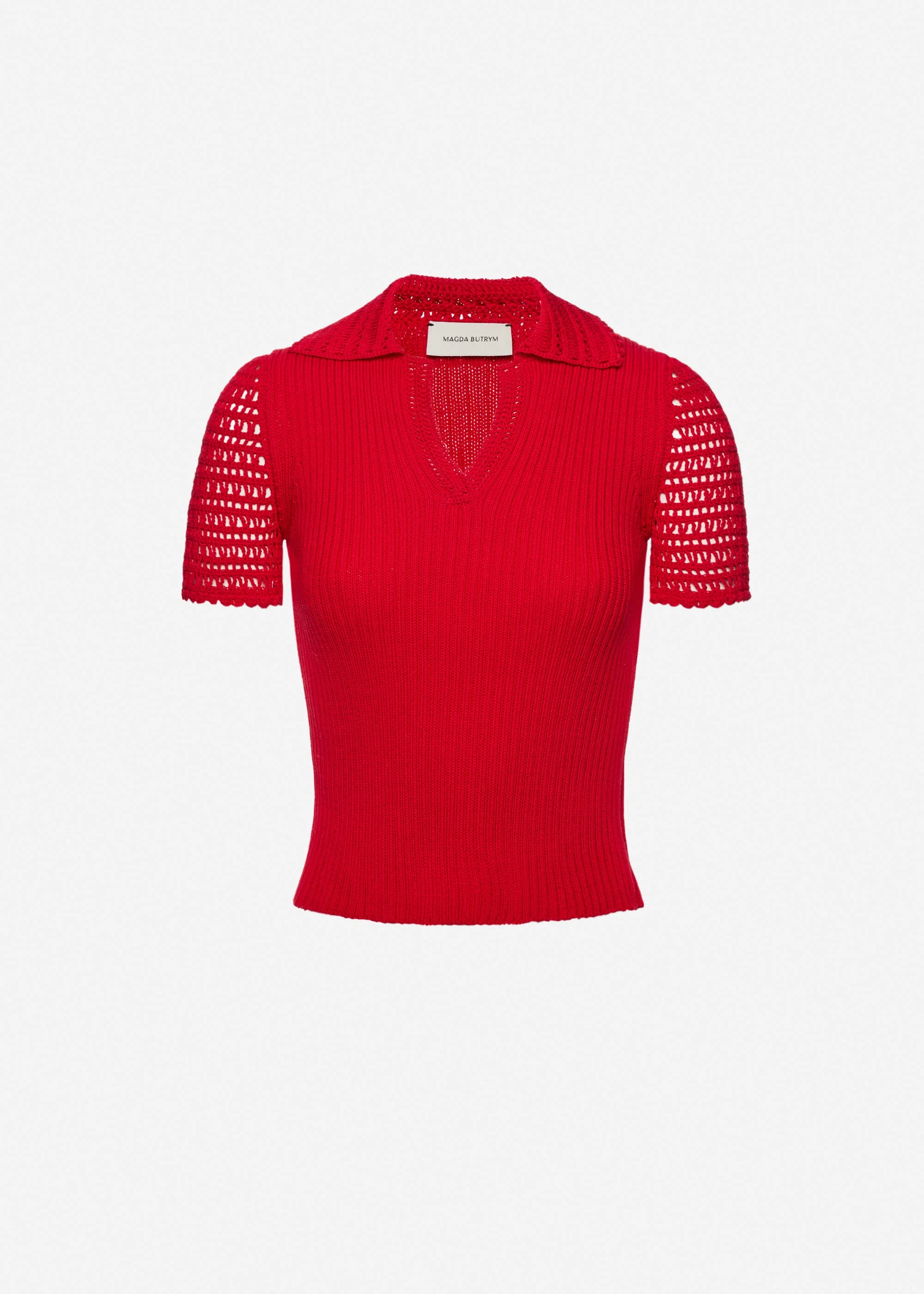 Ribbed polo knit top in red - 1