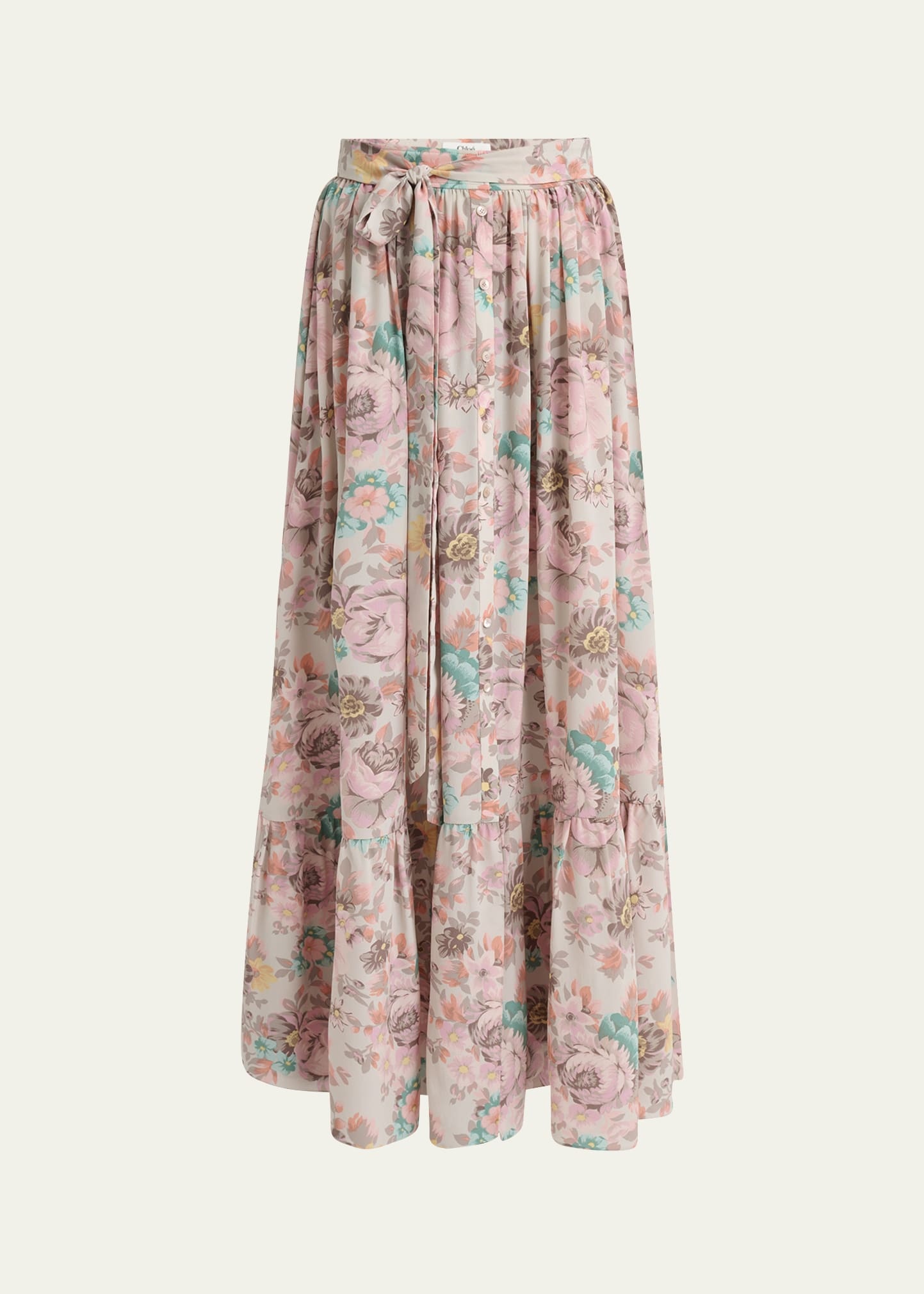 Belted Floral-Print Silk Maxi Skirt - 1
