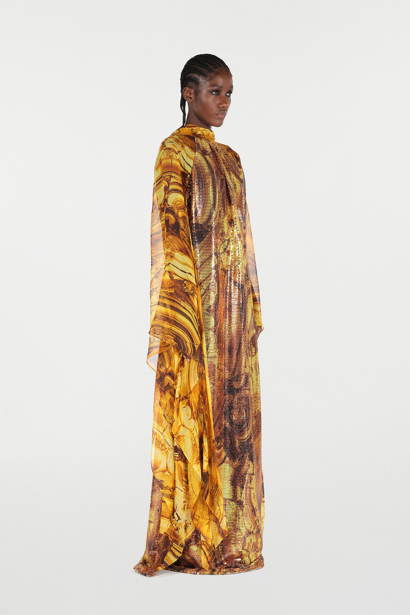 Silk Caftan Dress With Amber Print Sequins 3