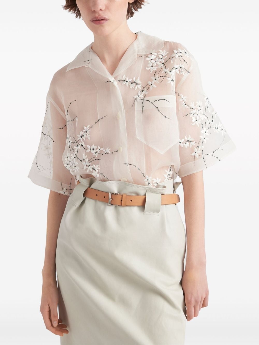 floral-embroidered short-sleeved sheer shirt - 4
