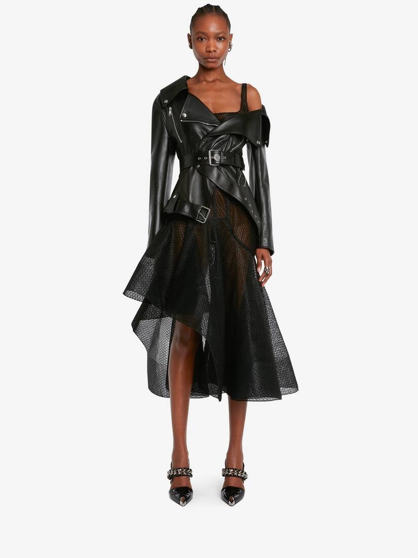 Women's Leather Twisted Biker Jacket in Black - 2