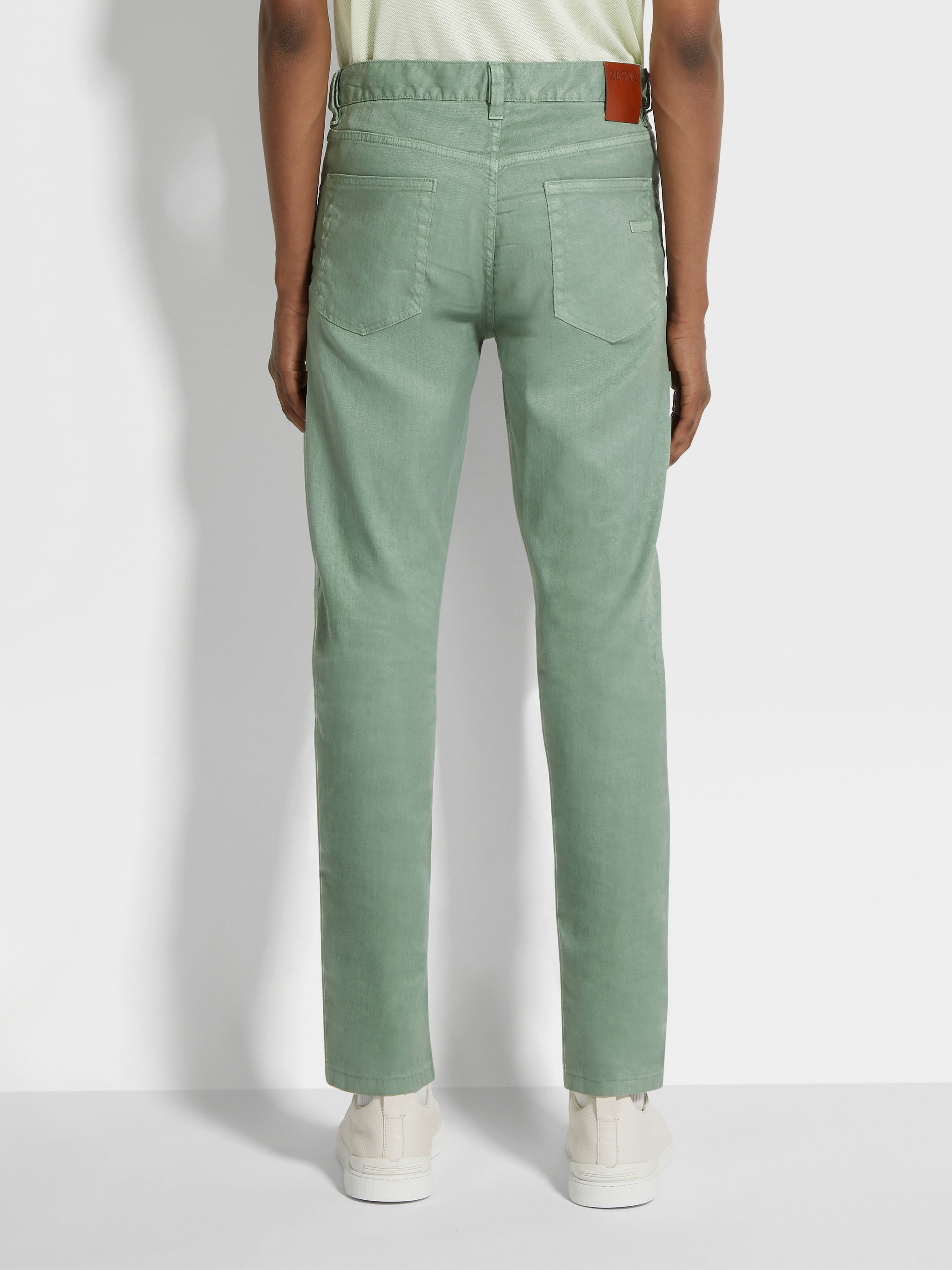 SAGE GREEN STRETCH LINEN AND COTTON ROCCIA JEANS - 5