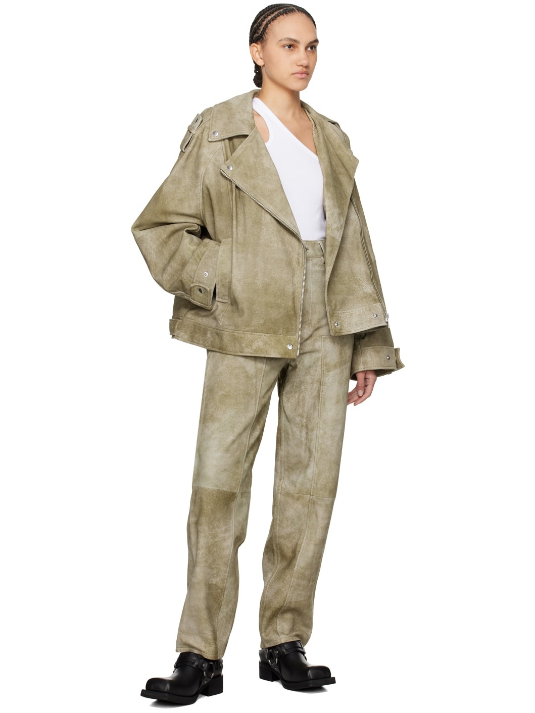Taupe Relaxed-Fit Leather Pants - 4