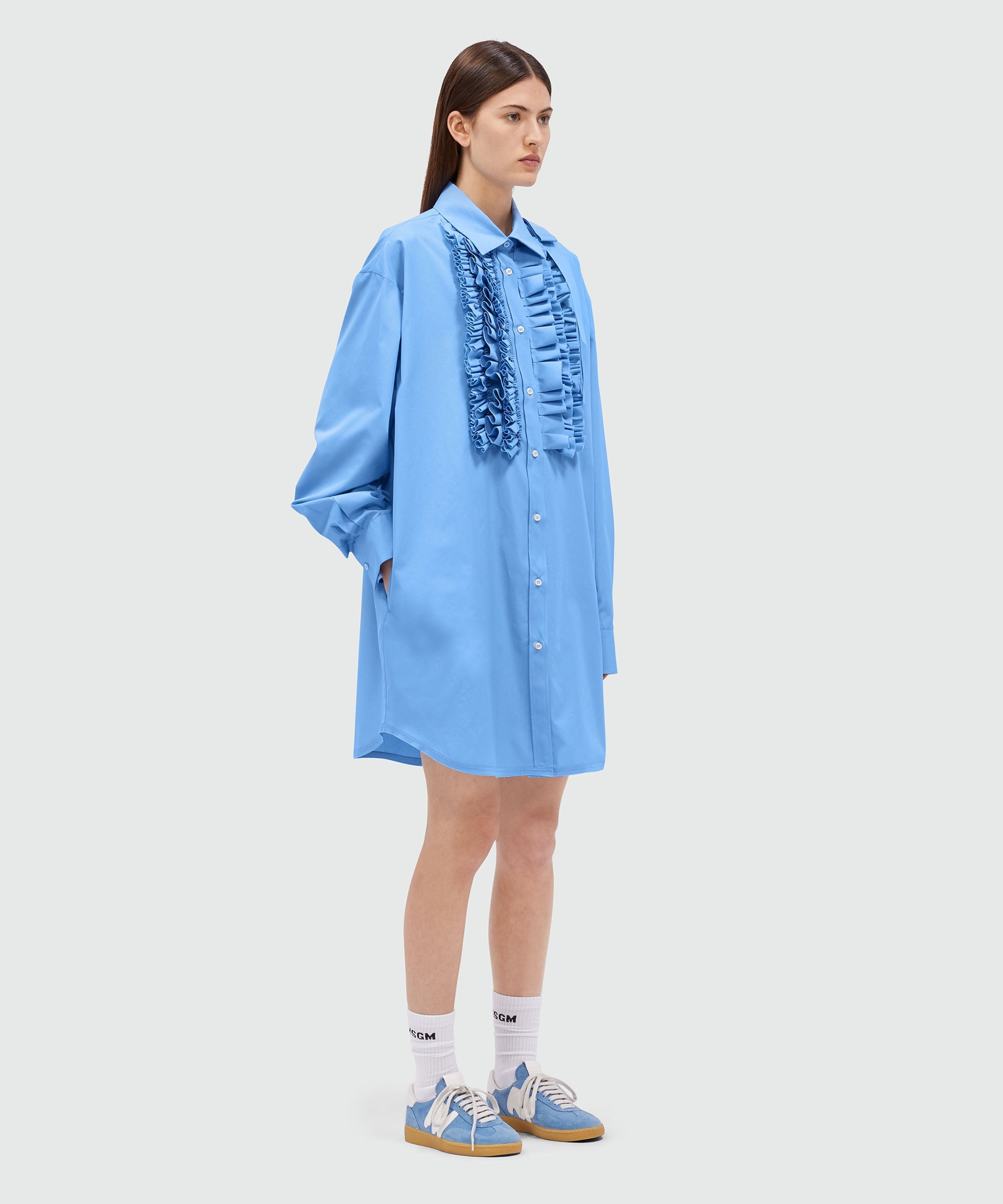 Light blue poplin shirt dress with ruffles - 4
