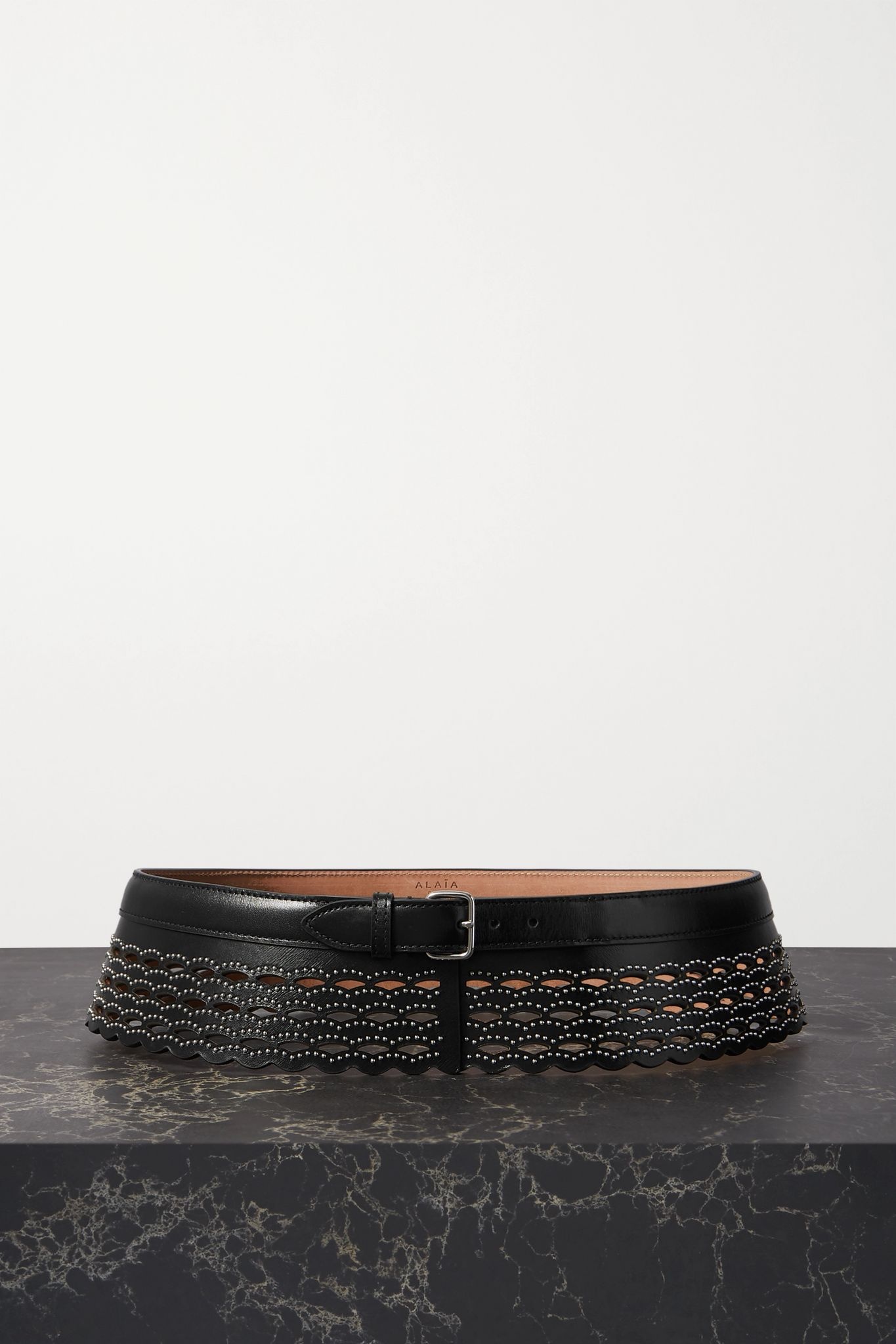 Studded laser-cut leather waist belt - 1