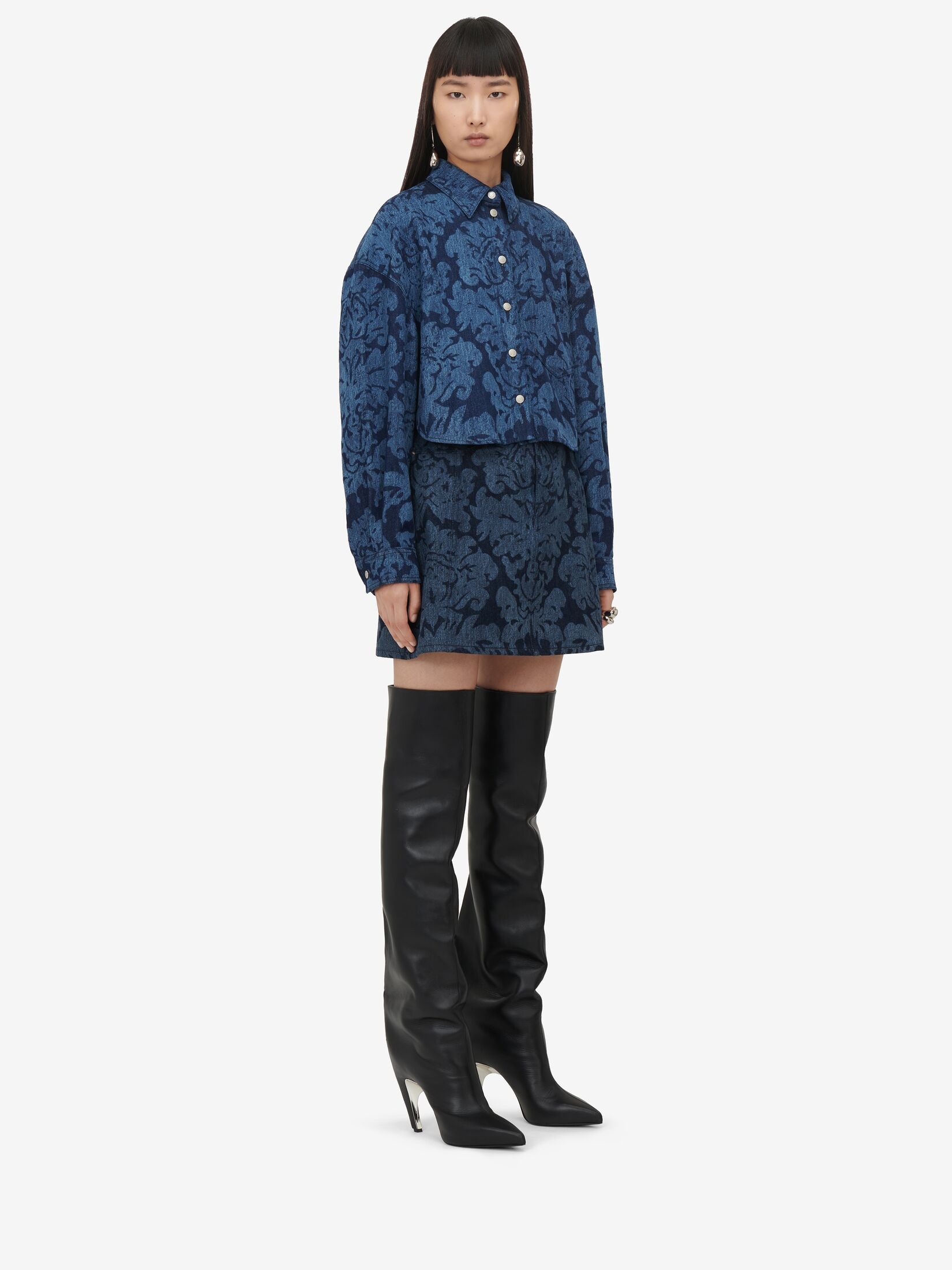 Women's Damask Denim Mini Skirt in Denim - 3