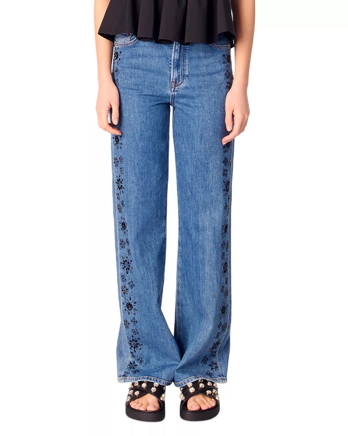 Embroidered Rhinestone High Rise Jeans in Blue - 1
