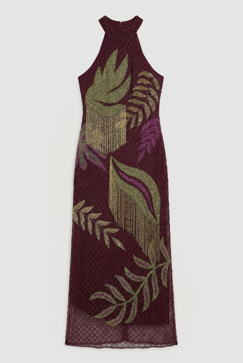 KAREN MILLEN Tropical Beaded Strappy Back Woven Halter Maxi Dress outlook