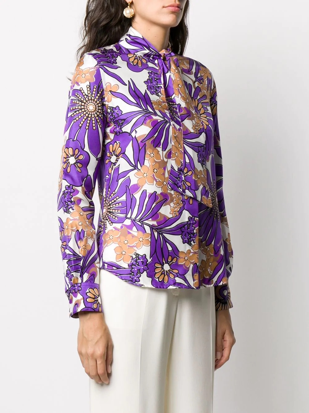 retro floral-print tie-neck satin blouse - 3