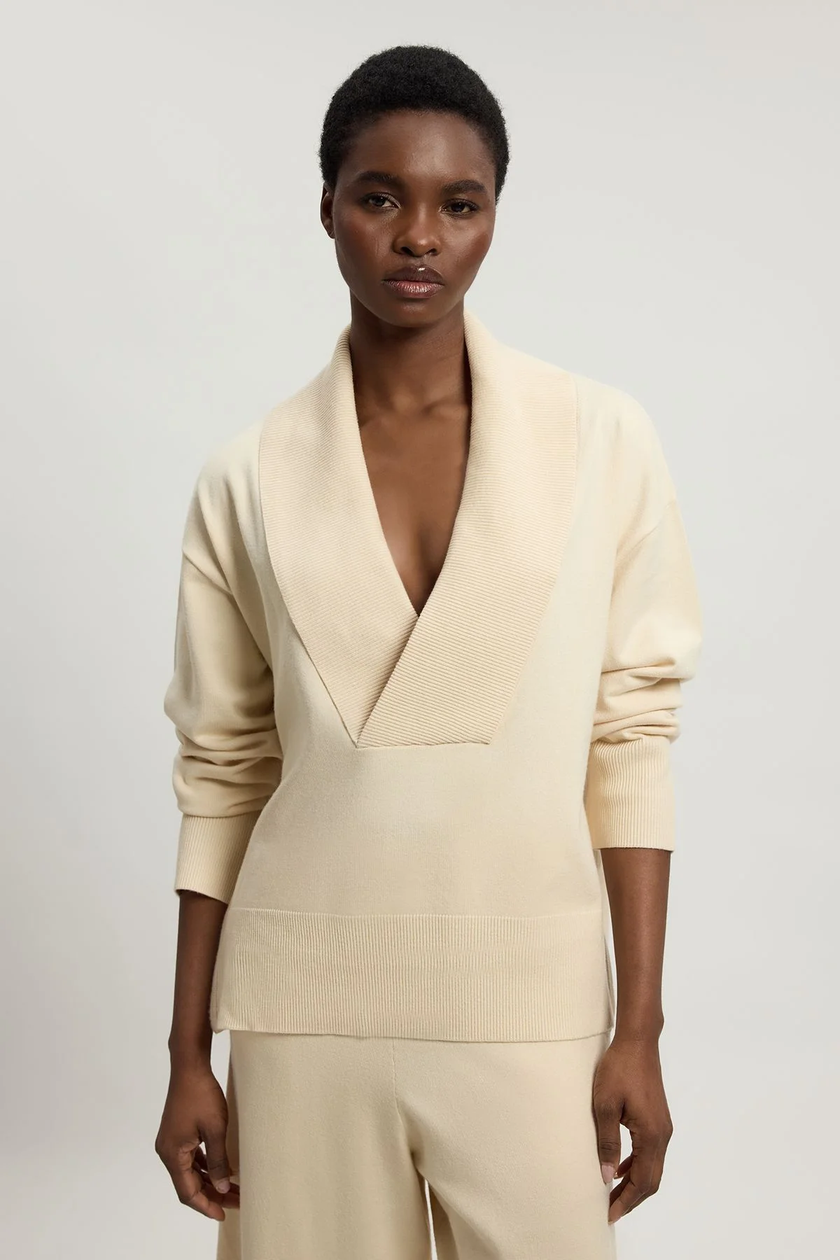 Wool Look Deep Collar Sleeve Knit Jumper - 1